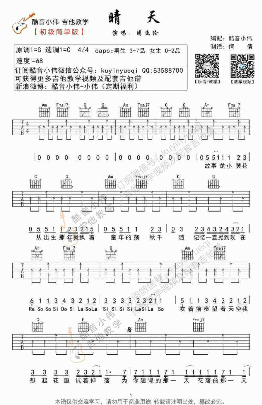 晴天吉他谱C调简单版、周杰伦、初学者弹唱谱插图