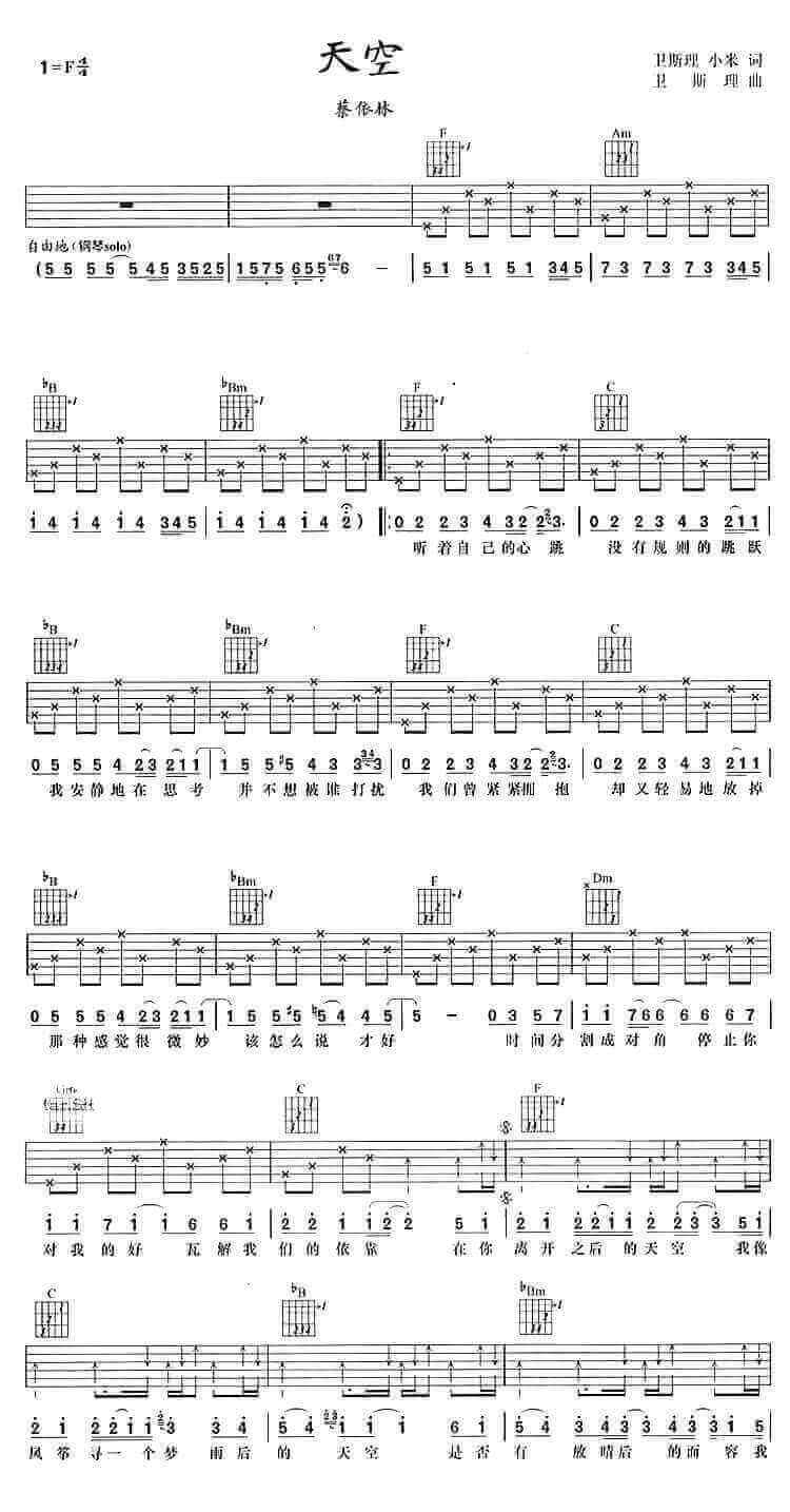 天空吉他谱、蔡依林《天空》六线谱(F调和弦)插图