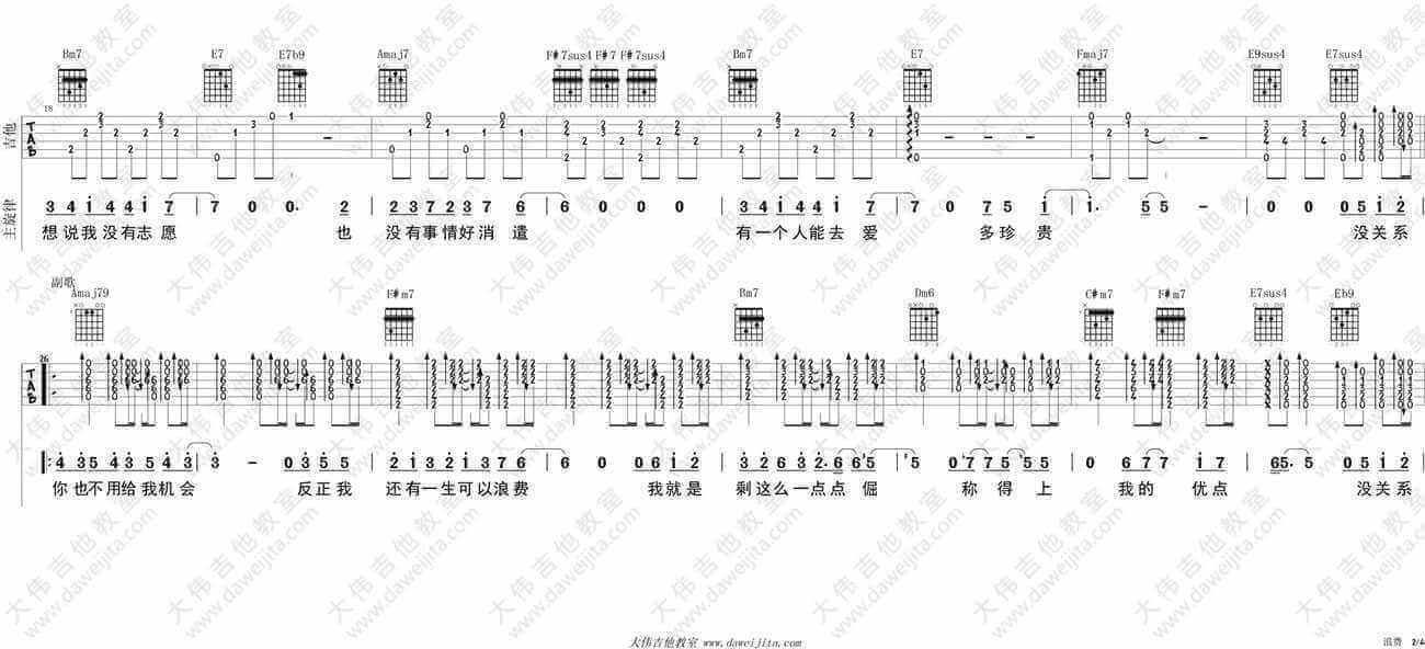 林宥嘉浪费吉他谱、A调六线谱、浪费吉他弹唱教学插图1