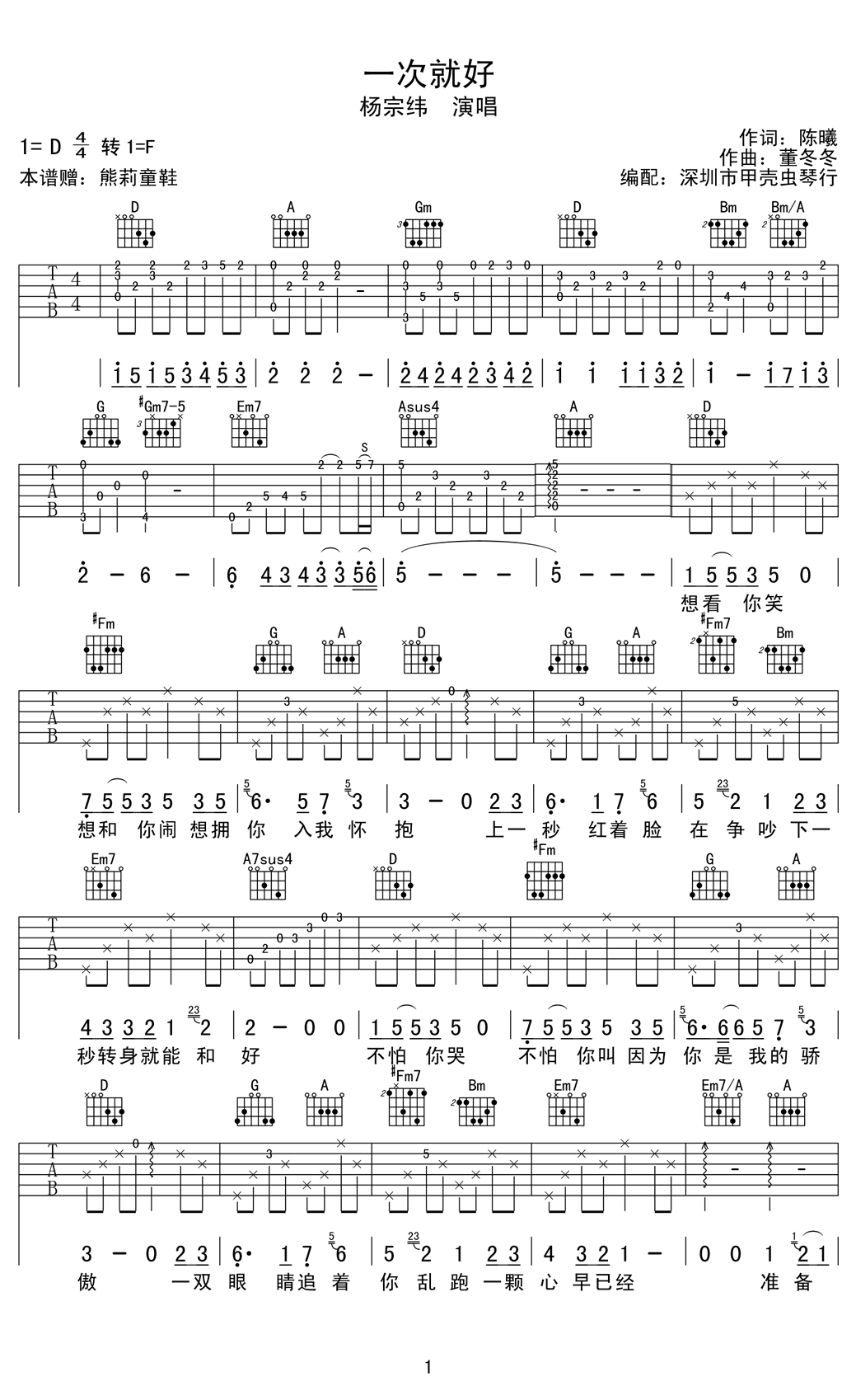 《一次就好》吉他曲谱完整版C调指法编配 - 原调C调 - 变调夹Capo=0 - 中级六线谱 - 易谱库