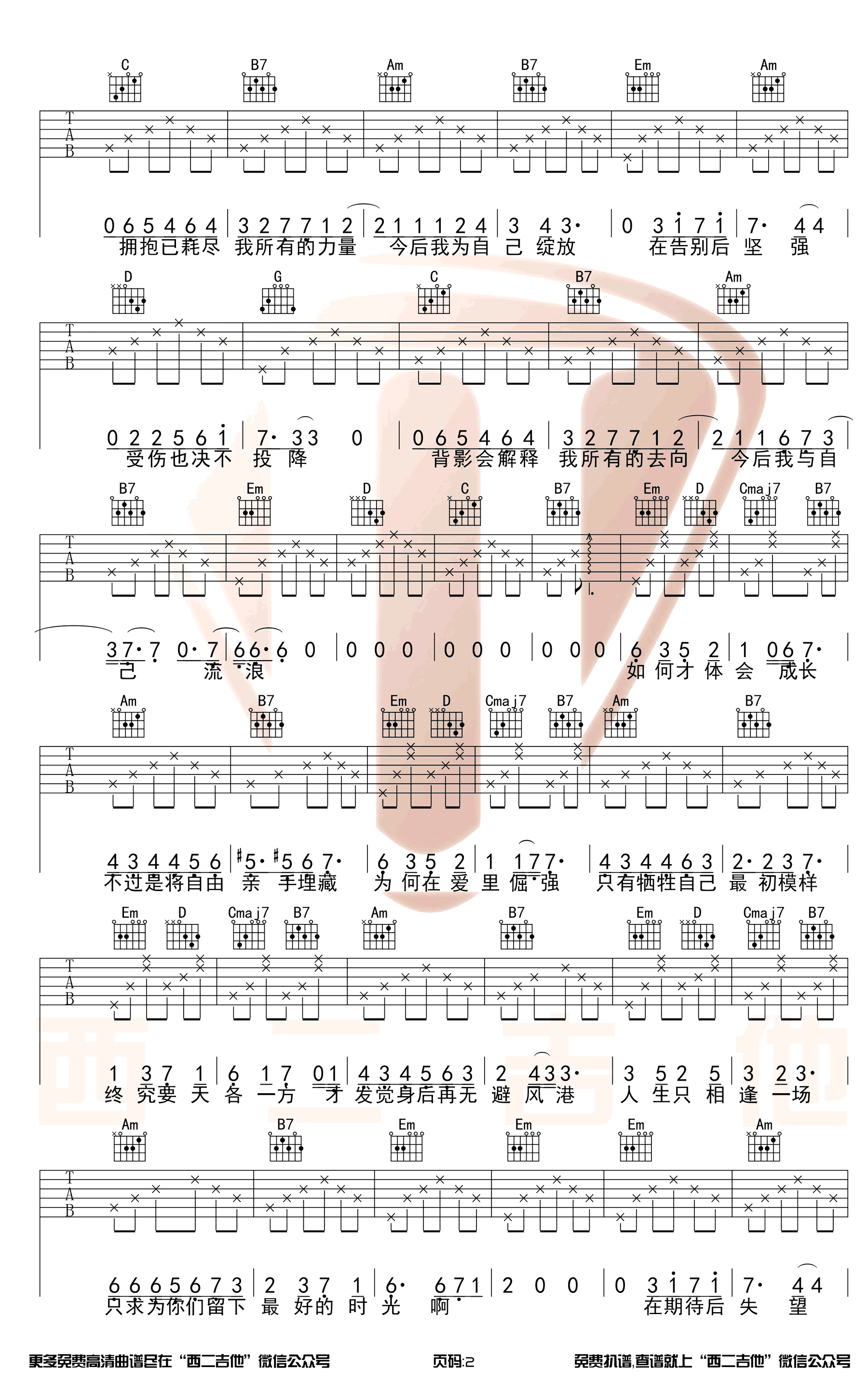 今后我与自己流浪吉他谱-张碧晨-G调原版-弹唱六线谱插图2