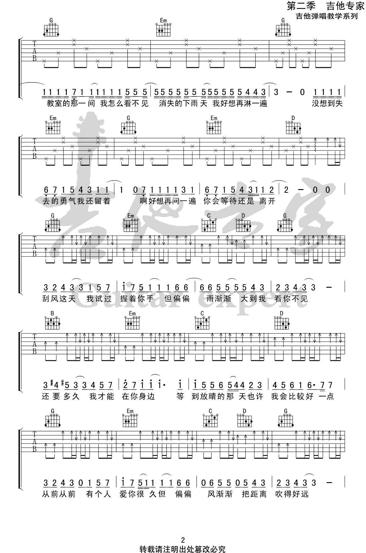 晴天吉他谱简单版-周杰伦-G调-弹唱六线谱插图1