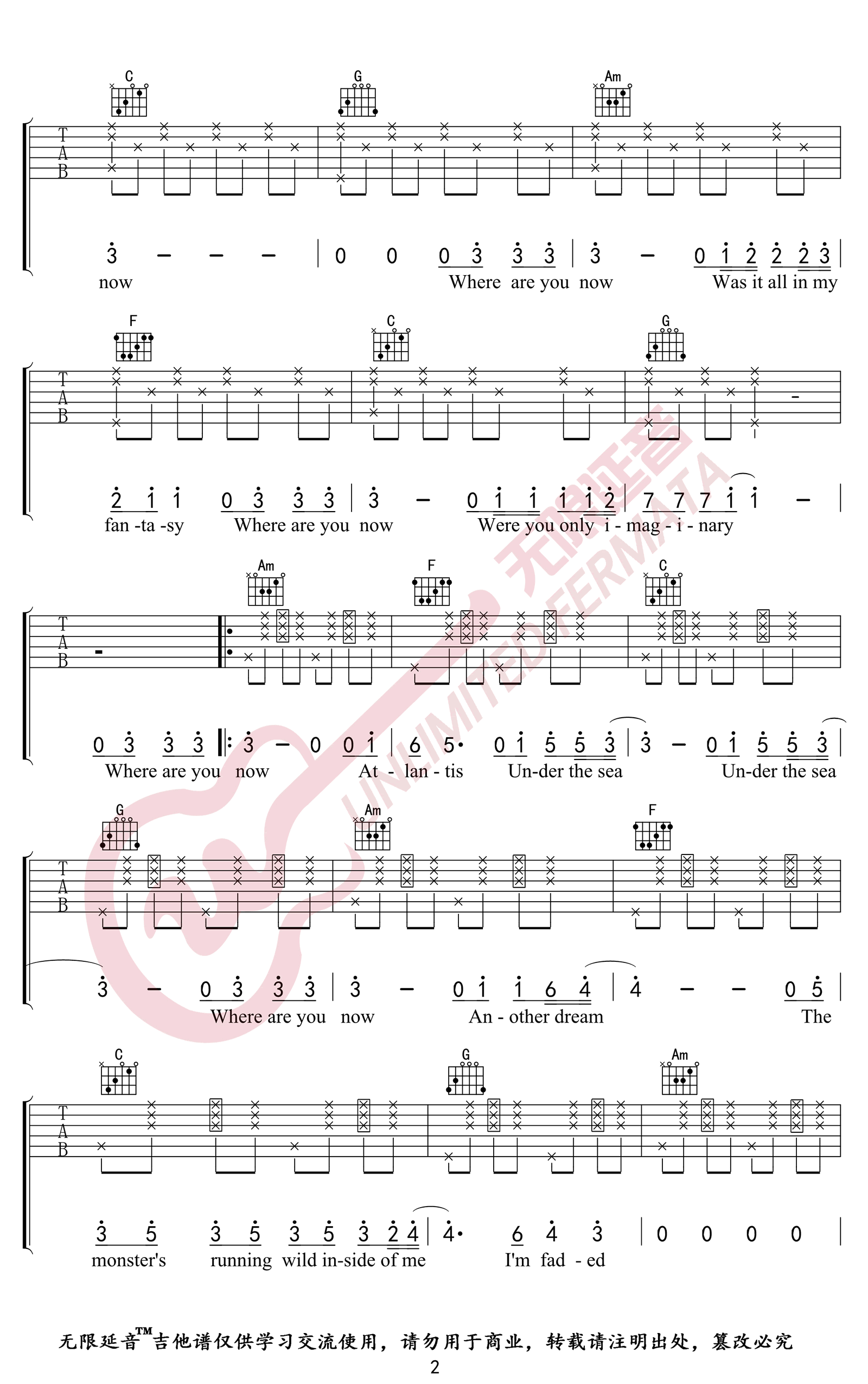 Faded吉他谱-Alan Walker-C调-弹唱六线谱插图1