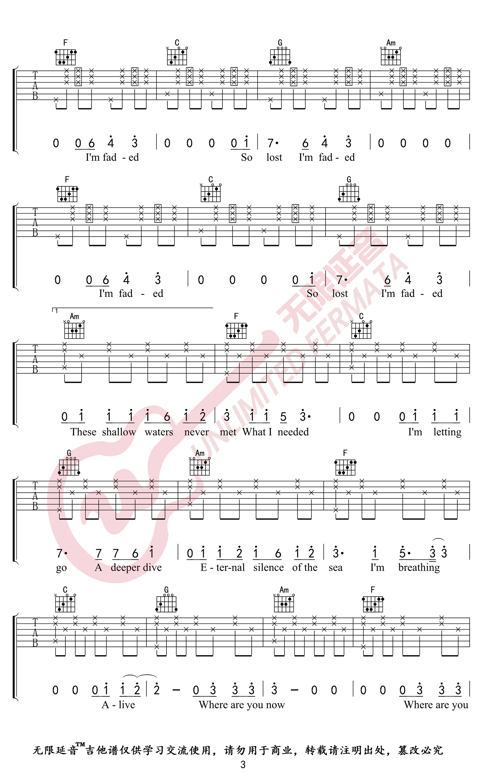 Faded吉他谱-Alan Walker-C调-弹唱六线谱插图2