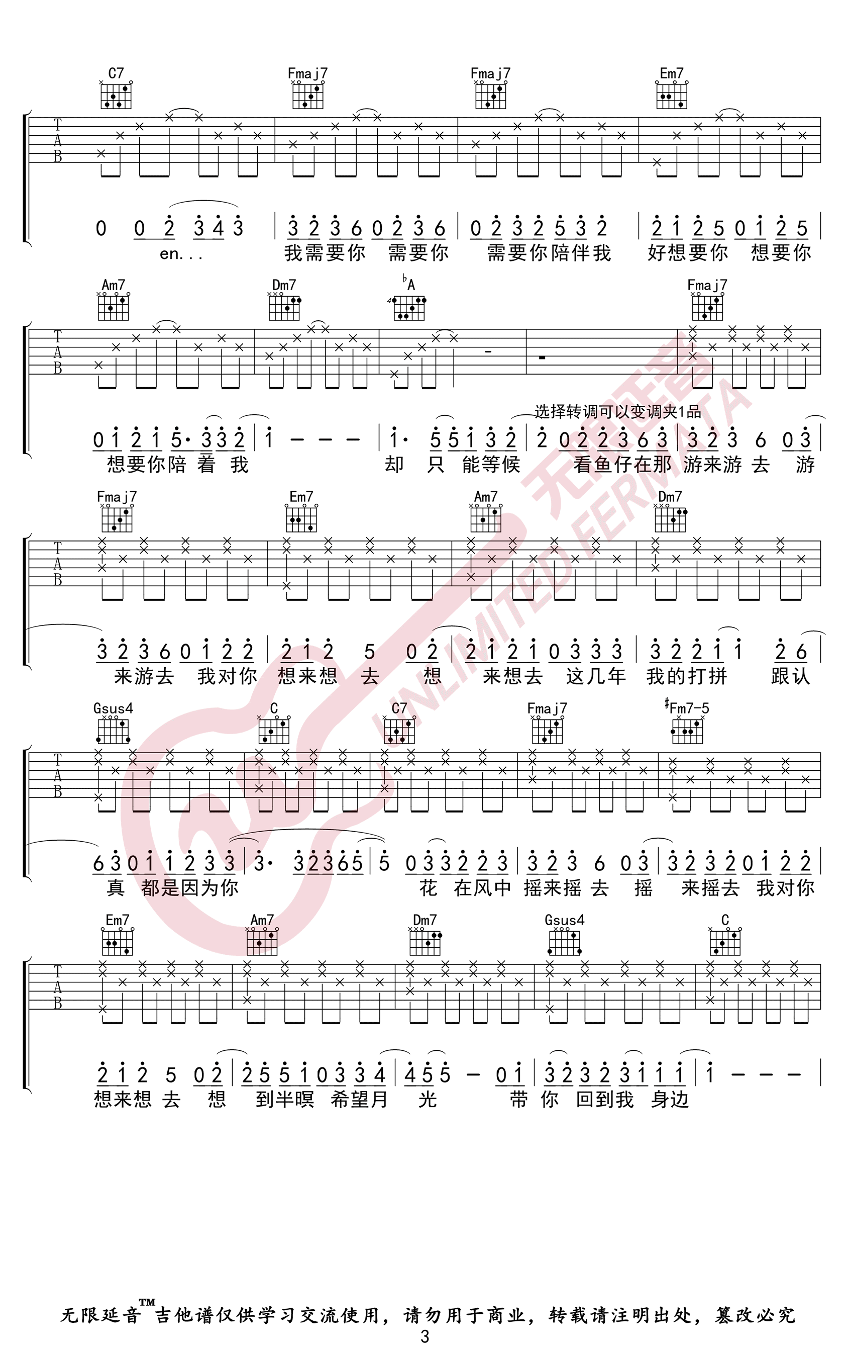 卢广仲《鱼仔》吉他谱-C调指法-弹唱六线谱插图2