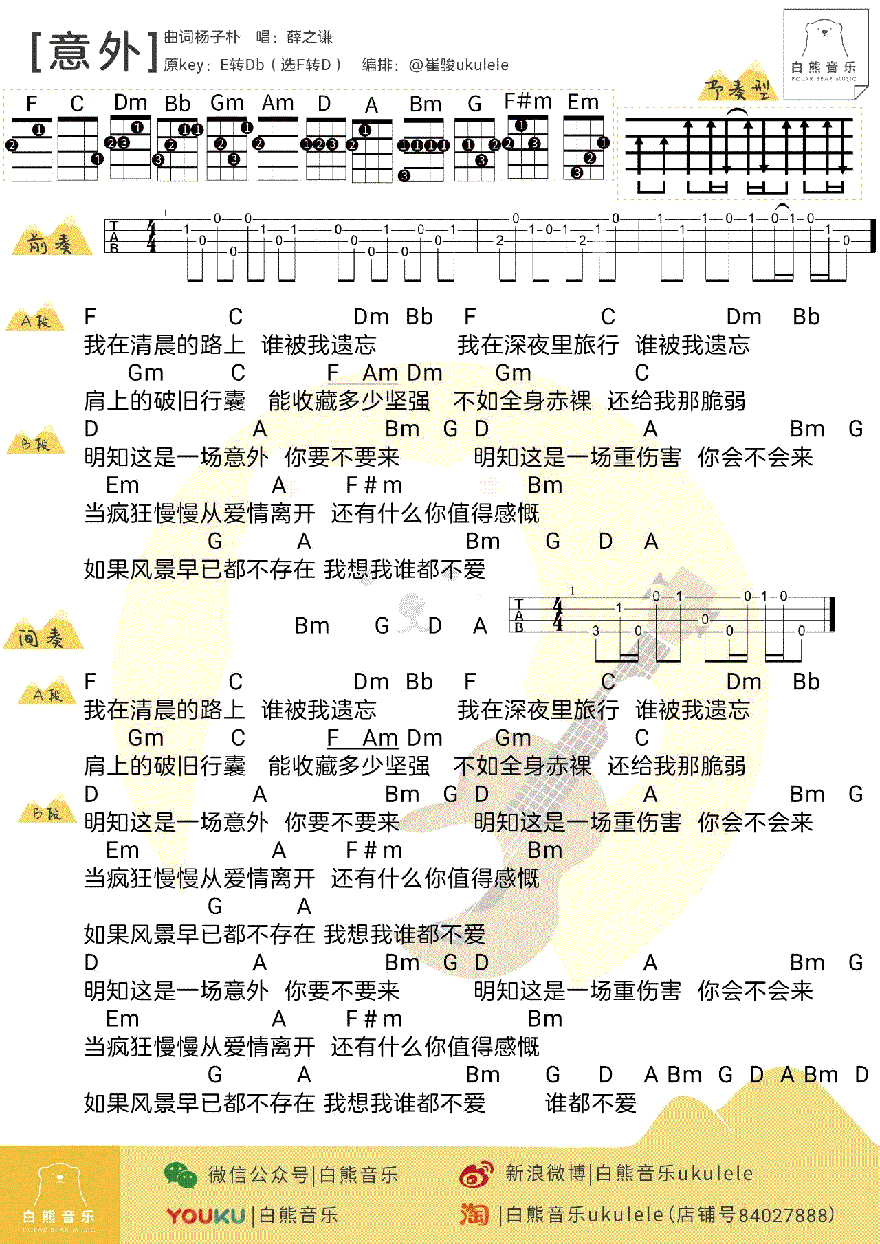 意外ukulele谱-薛之谦-尤克里里谱-弹唱教学插图
