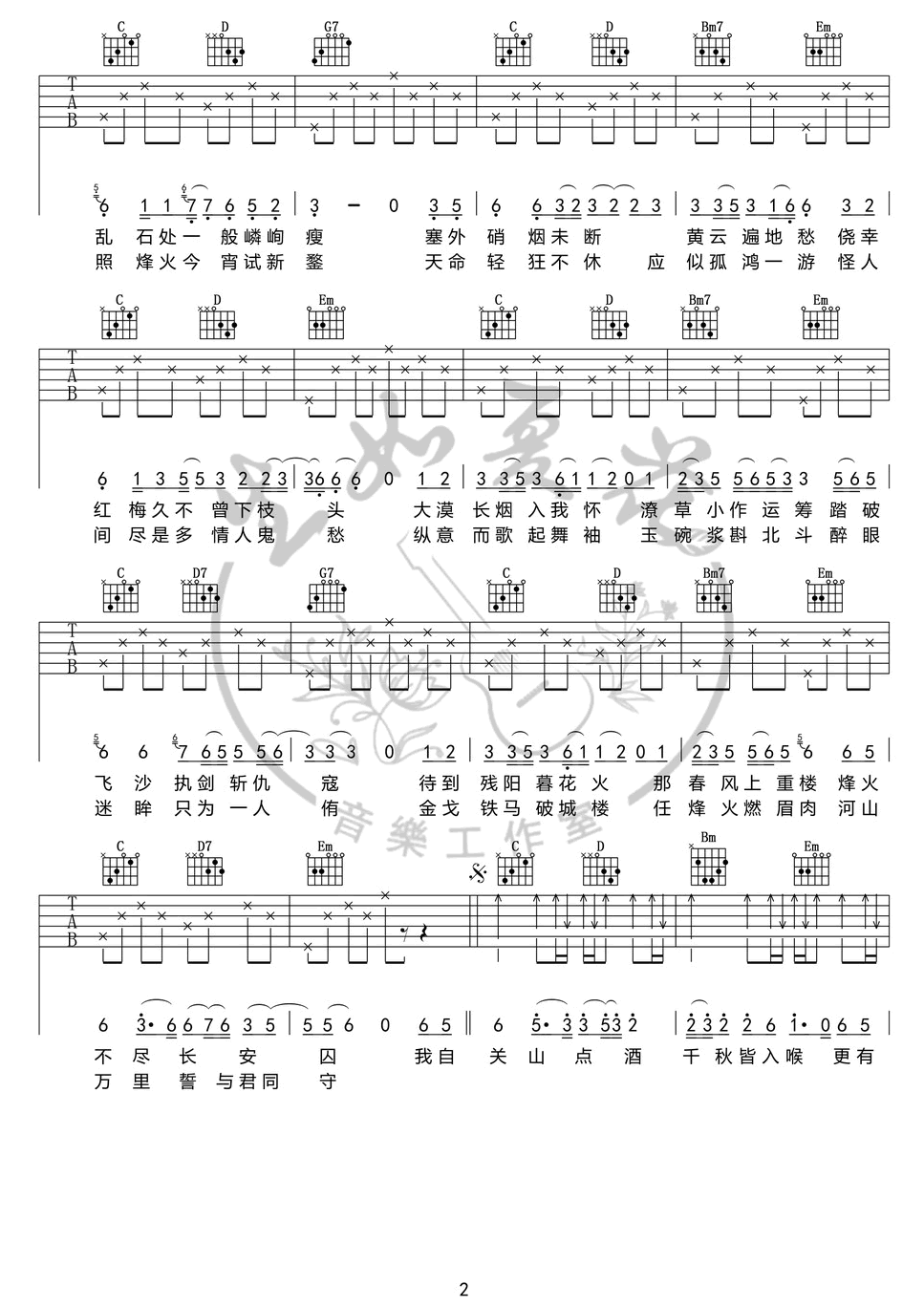 关山酒吉他谱-小魂-G调简单版-弹唱六线谱插图2
