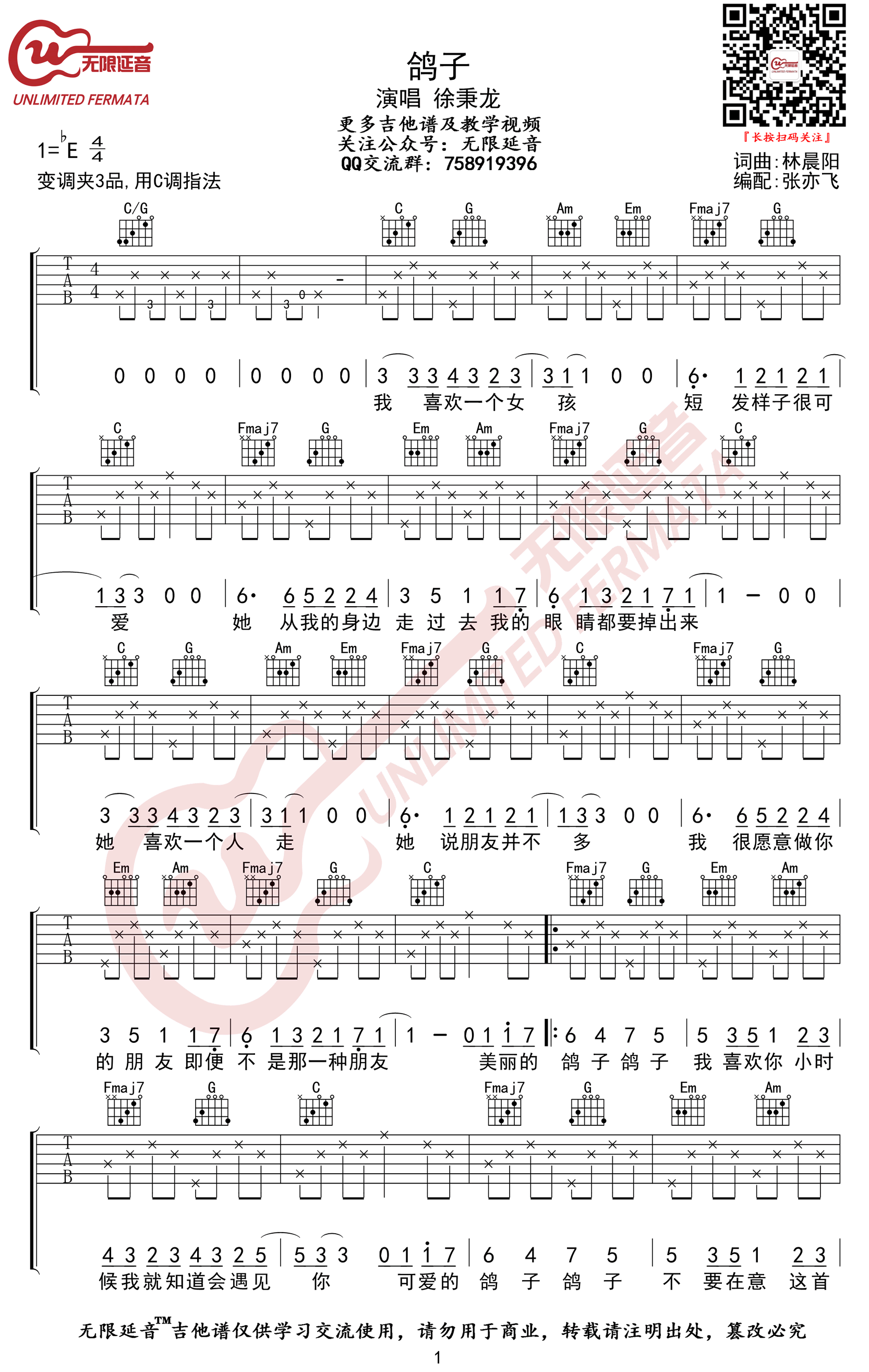 鸽子吉他谱-徐秉龙-C调六线谱-弹唱谱高清版插图