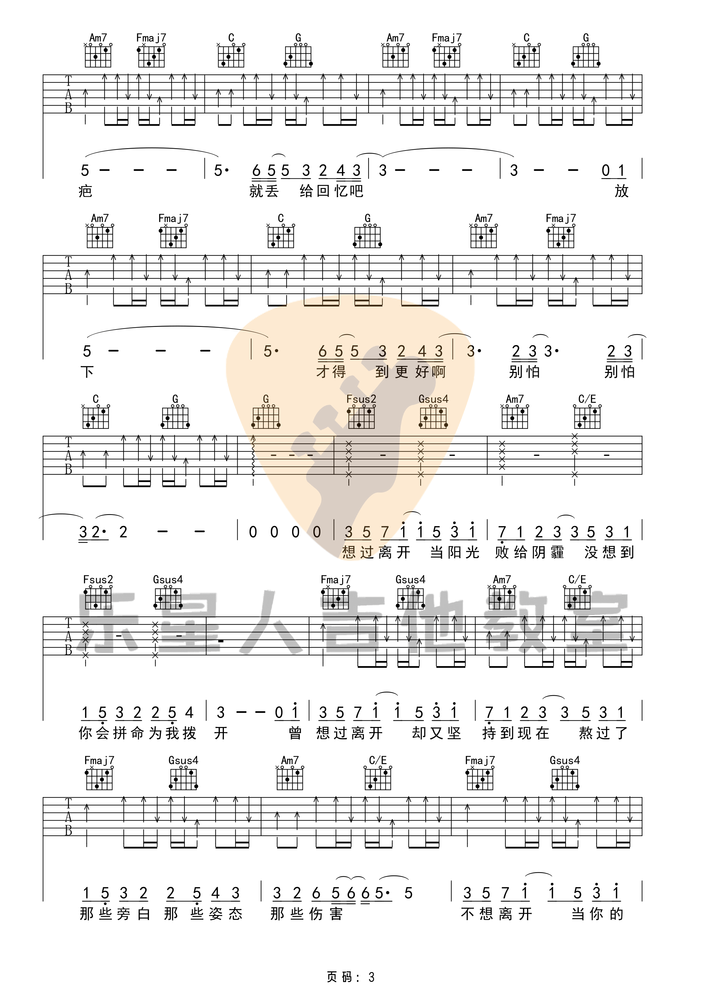 华晨宇《好想爱这个世界》吉他谱-原版吉他谱/简单版六线谱-乐星人吉他教室插图2