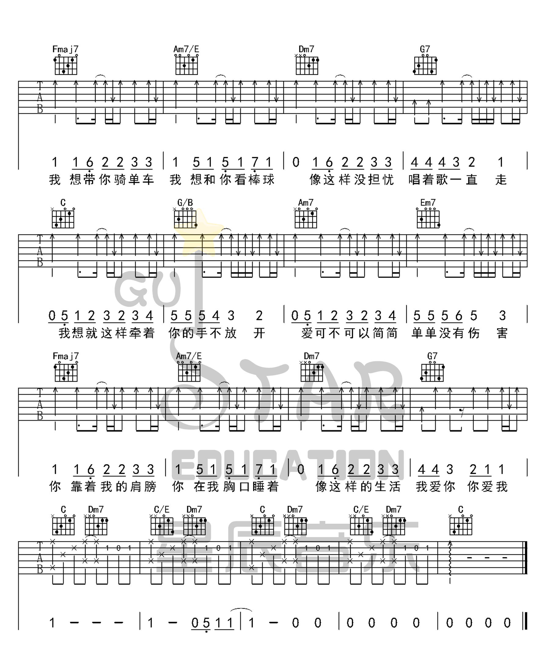 简单爱吉他谱-周杰伦-C调弹唱谱-原版编配插图2