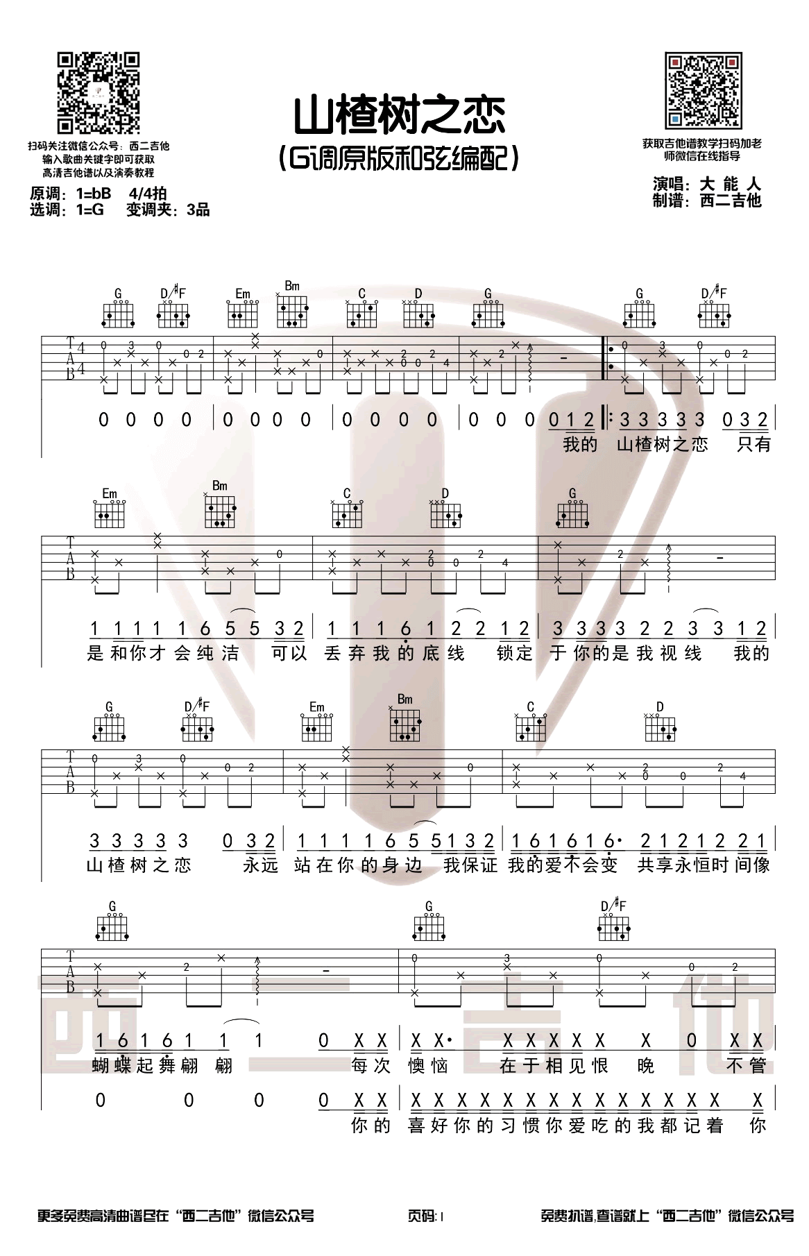 山楂树之恋吉他谱-大能人-G调原版-弹唱图片谱插图
