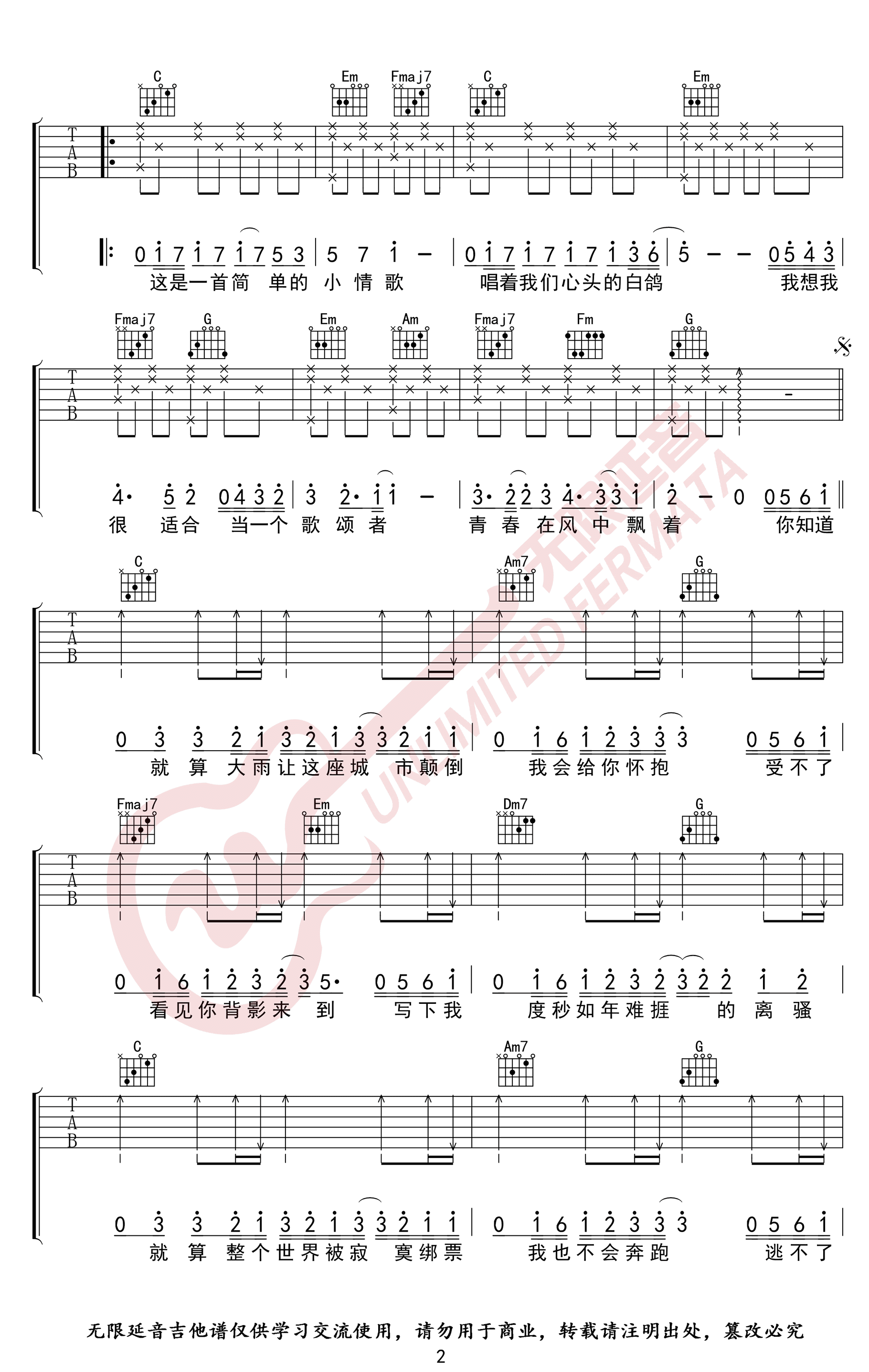 小情歌吉他谱-苏打绿-C调指法-弹唱六线谱插图1