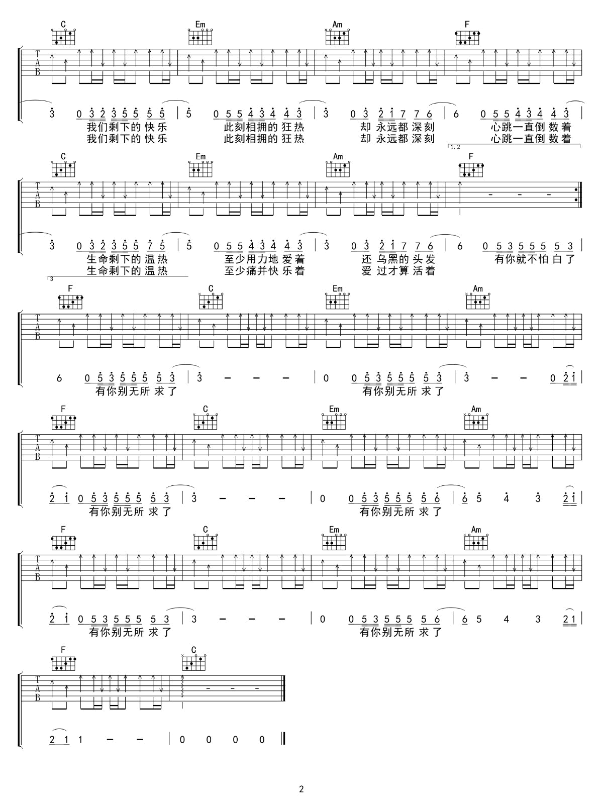 邓紫棋《倒数》吉他谱-C调-弹唱六线谱插图2