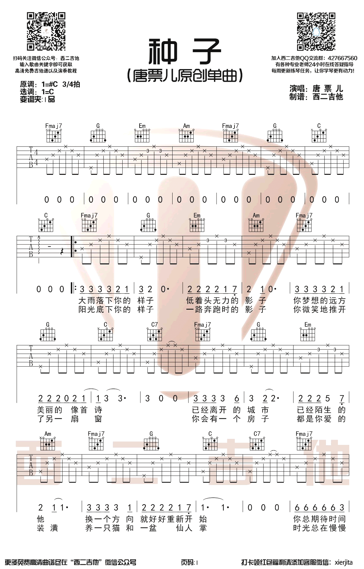 唐票儿《种子》吉他谱-C调指法-原版弹唱谱插图