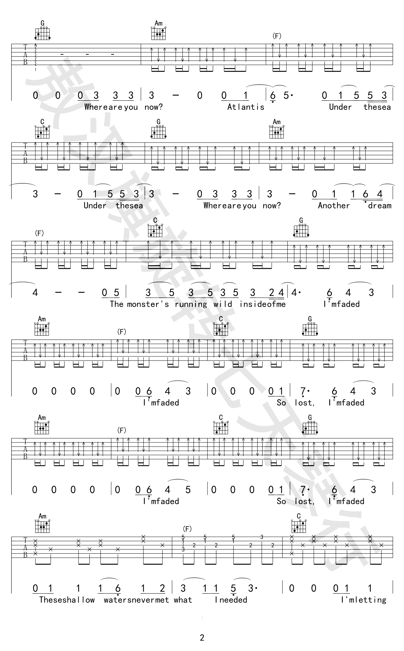 简谱53231323版《Faded》吉他谱 - C调编配和弦谱(弹唱谱) - 原调D调 - Alan Walker国语版初级吉他谱 - 易谱库