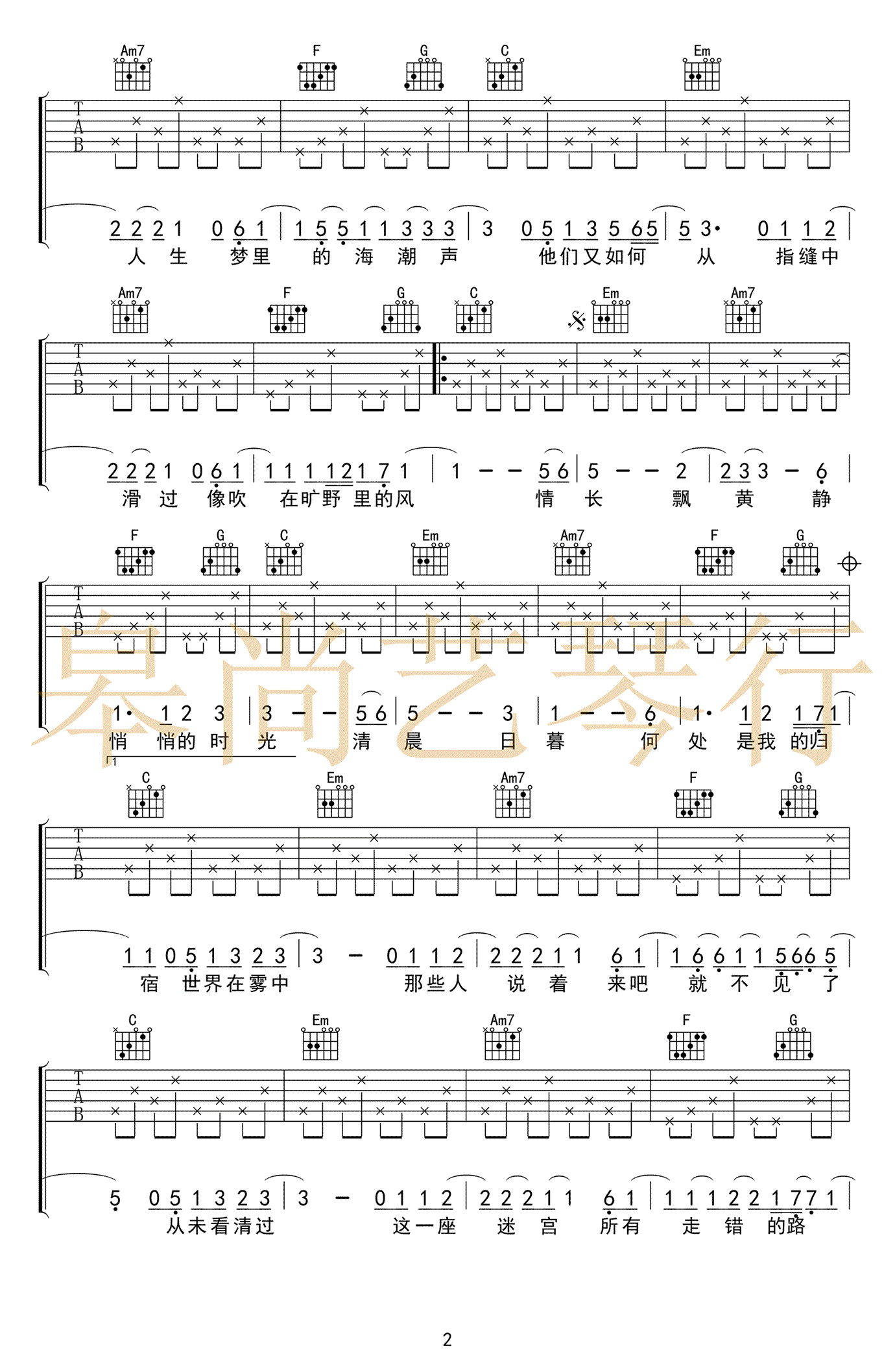 猎户星座吉他谱 朴树 C调简单版 原版弹唱谱插图1