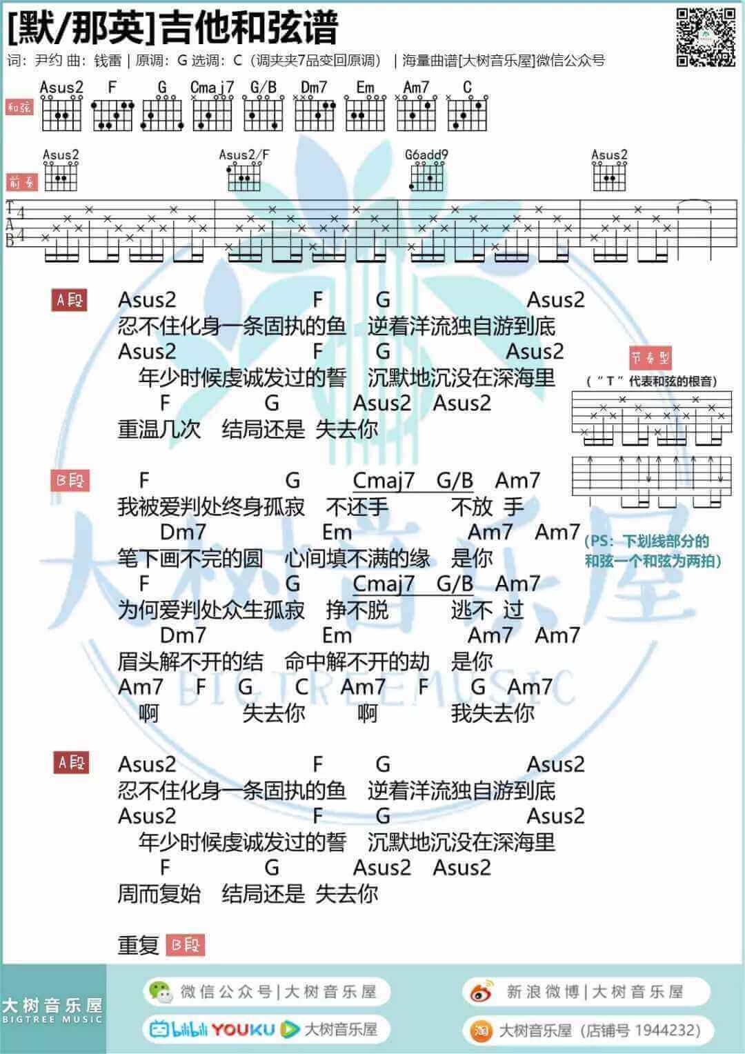 默吉他谱,原版歌曲,简单C调弹唱教学,六线谱指弹简谱1张图 - 吉他谱 - 中国曲谱网