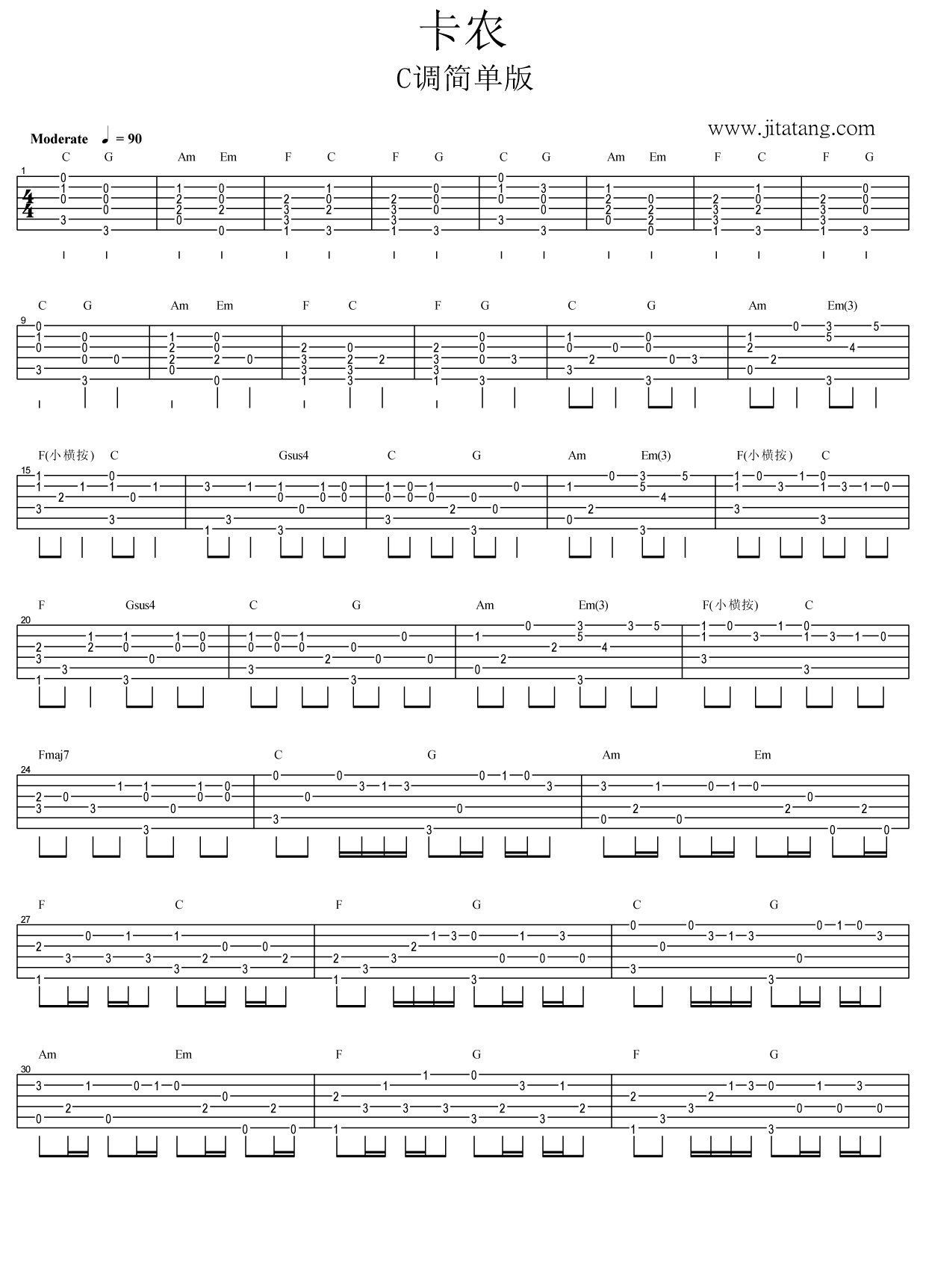卡农吉他谱-指弹谱-C调简单版插图