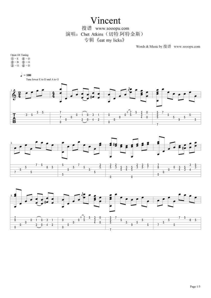 vincent指弹谱 原调六线谱-Chet Atkins插图