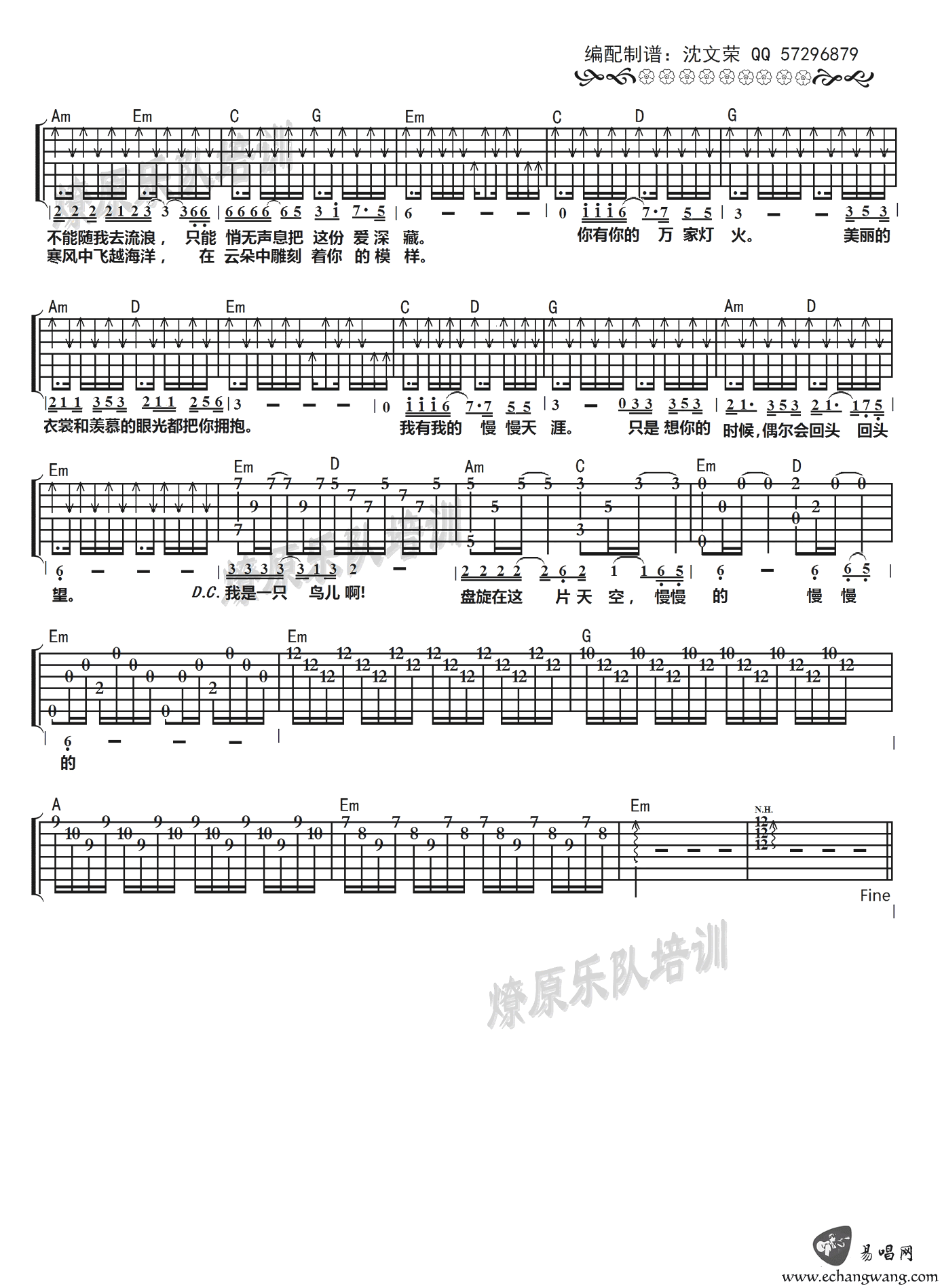 孤鸟吉他谱 G调六线谱-沈文荣编配-靳松插图2