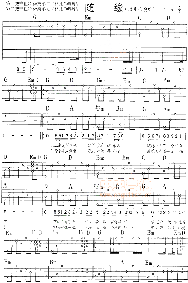 随缘吉他谱 A调六线谱-简单版-温兆伦插图