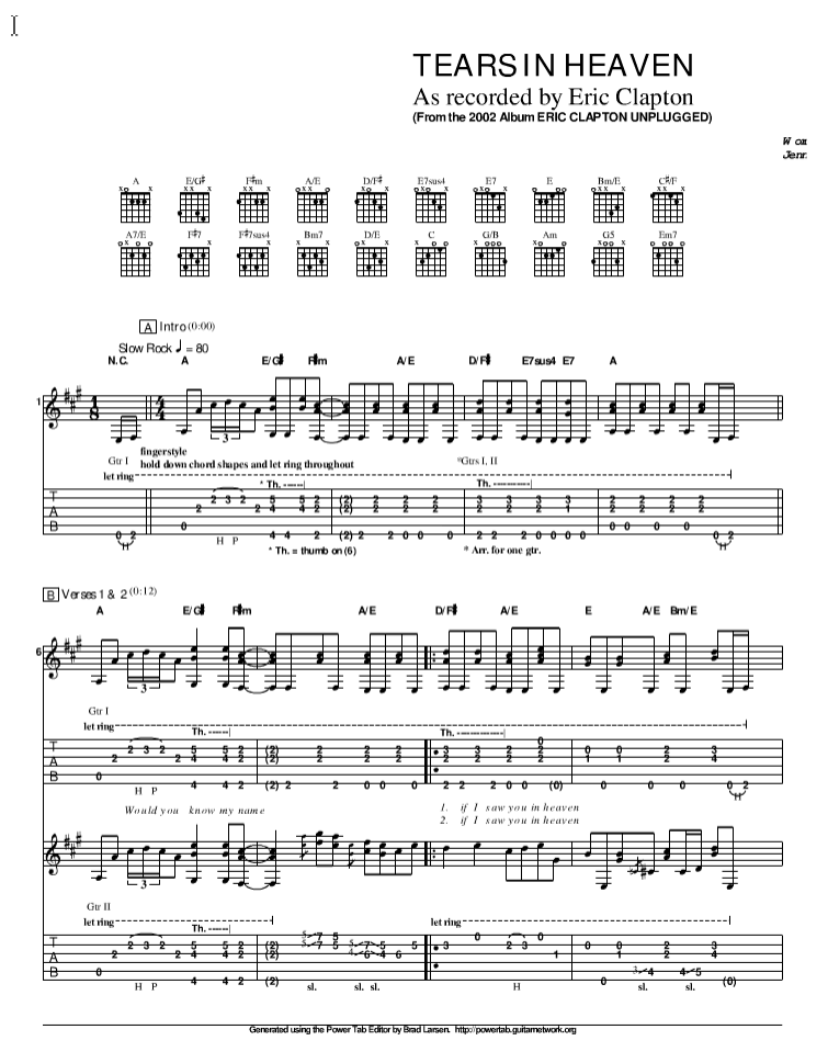 泪洒天堂指弹谱 原调六线谱-精选版-Eric Clapton插图