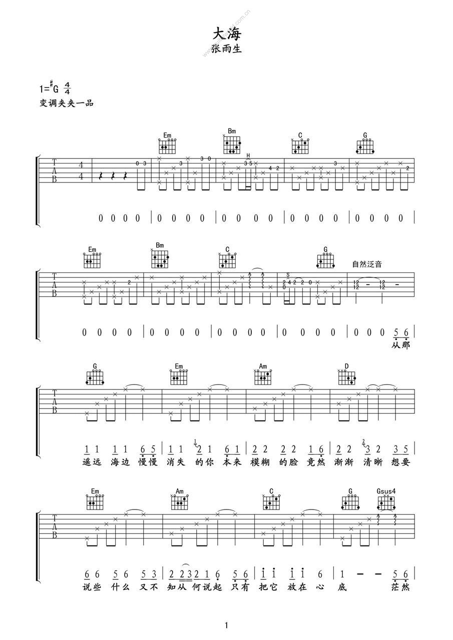 大海吉他谱 G调六线谱-高清版-张雨生插图