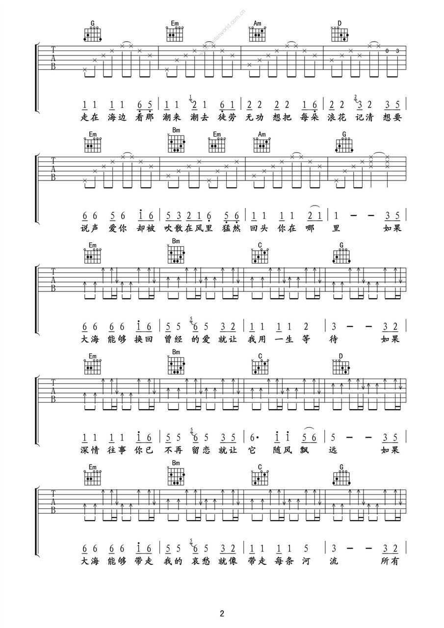 大海吉他谱 G调六线谱-高清版-张雨生插图1