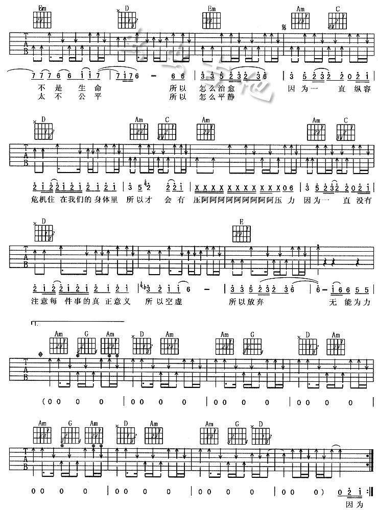 无能为力吉他谱 C调六线谱-阿杜插图2