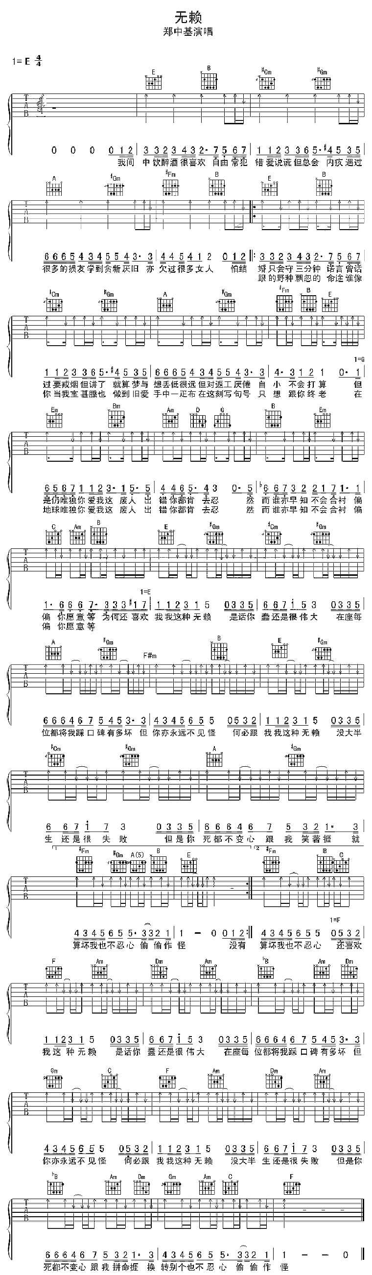 无赖吉他谱 E调六线谱-扫弦版-郑中基插图