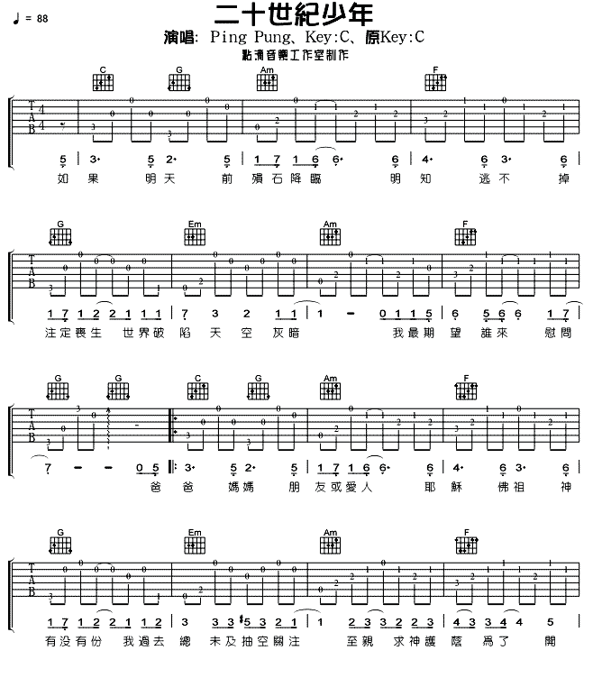 二十世纪少年吉他谱 C调六线谱-简单版-Ping Pung插图