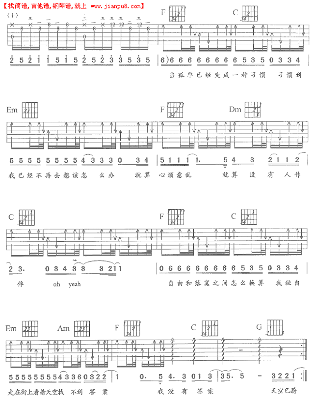 一辈子的孤单吉他谱 C调六线谱-简单版-刘若英插图3