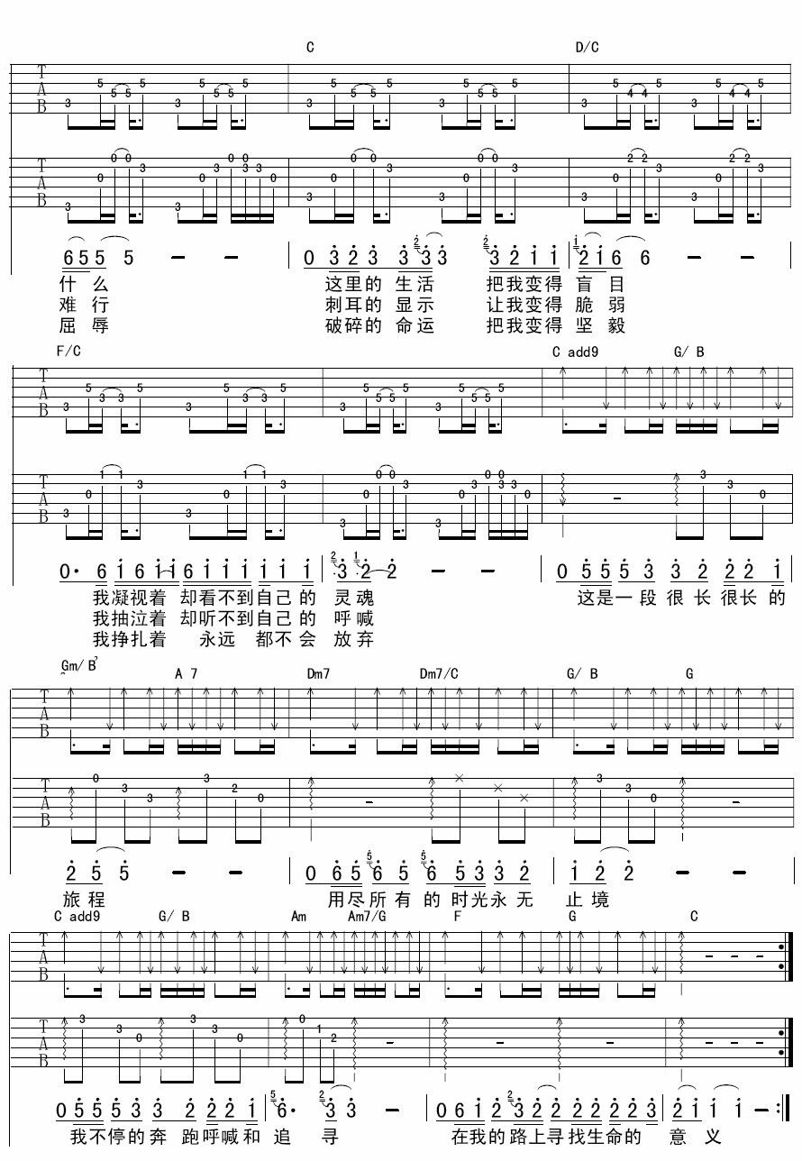 我的路吉他谱 C调六线谱-附前奏-汪峰插图1
