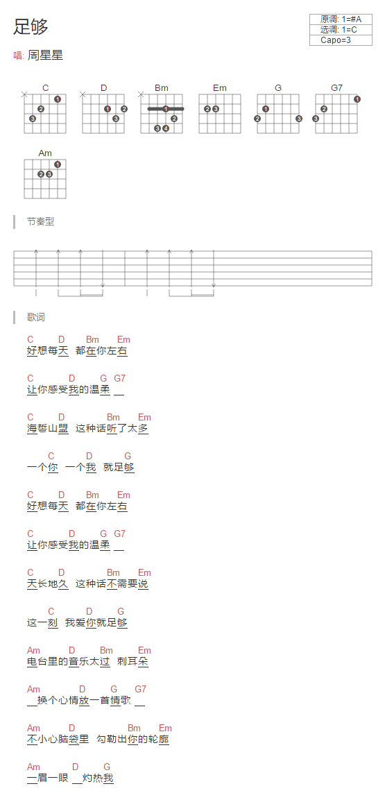 足够吉他谱 C调和弦谱-简单版-周星星插图