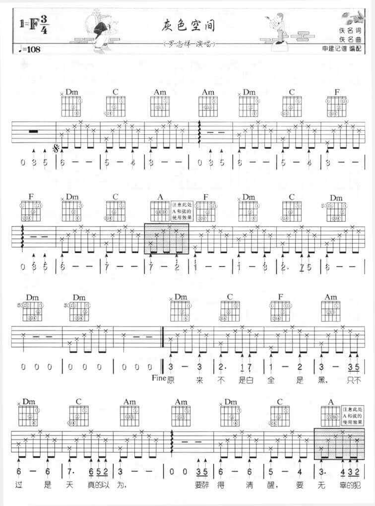 灰色空间吉他谱 F调六线谱-简单版-罗志祥插图