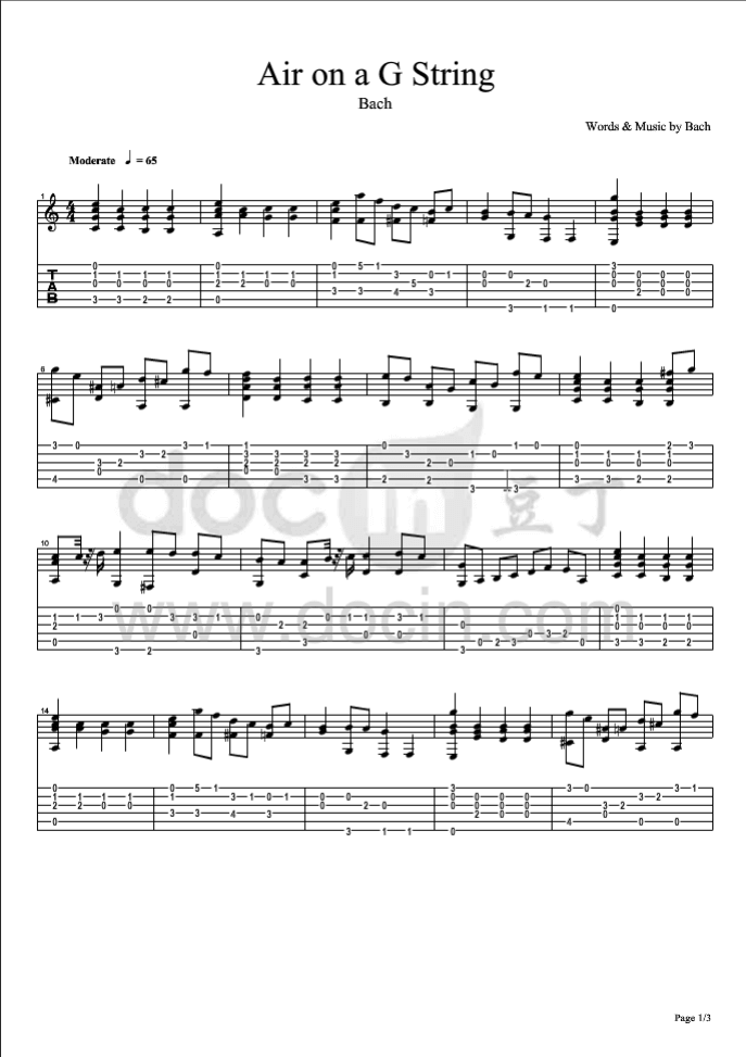 Air On A G String吉他指弹谱 六线谱-Bach插图