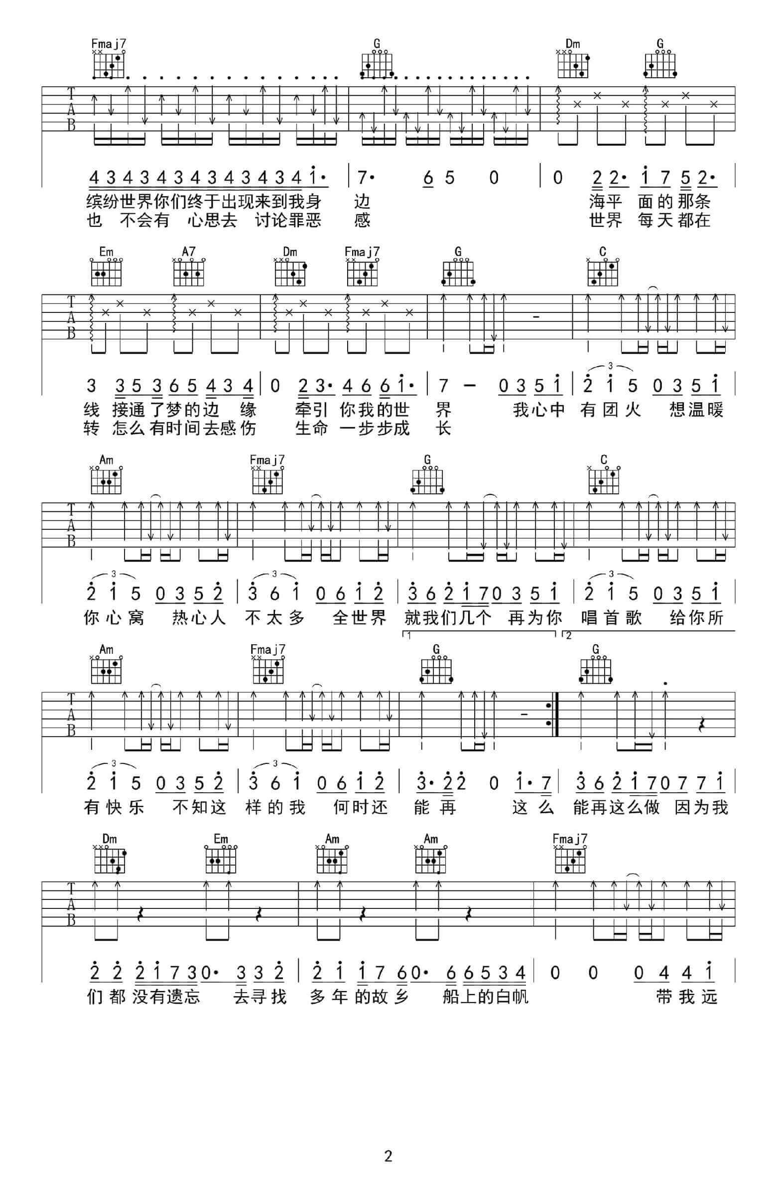南海少年吉他谱 C调六线谱-扫弦版-安子与九妹乐队插图1