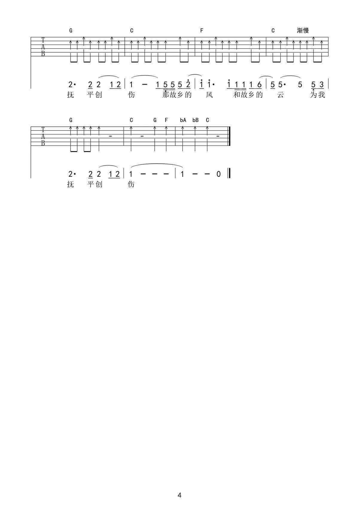 南山南-扫弦简易版C调六线吉他谱-虫虫吉他谱免费下载