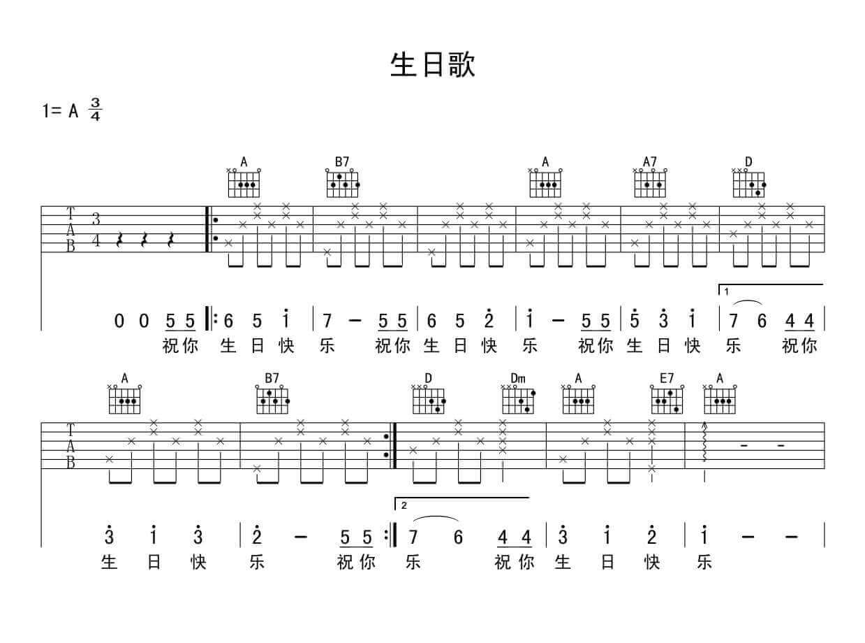 生日快乐歌吉他谱 A调-弦心距高清六线谱简单版本插图2