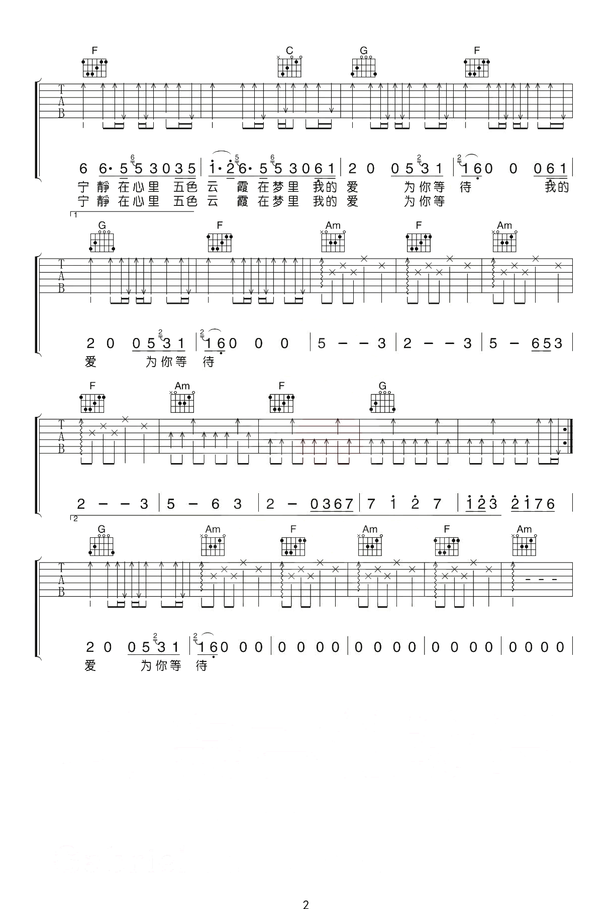 吉他源-许巍《我的爱》吉他谱-C调指法插图2