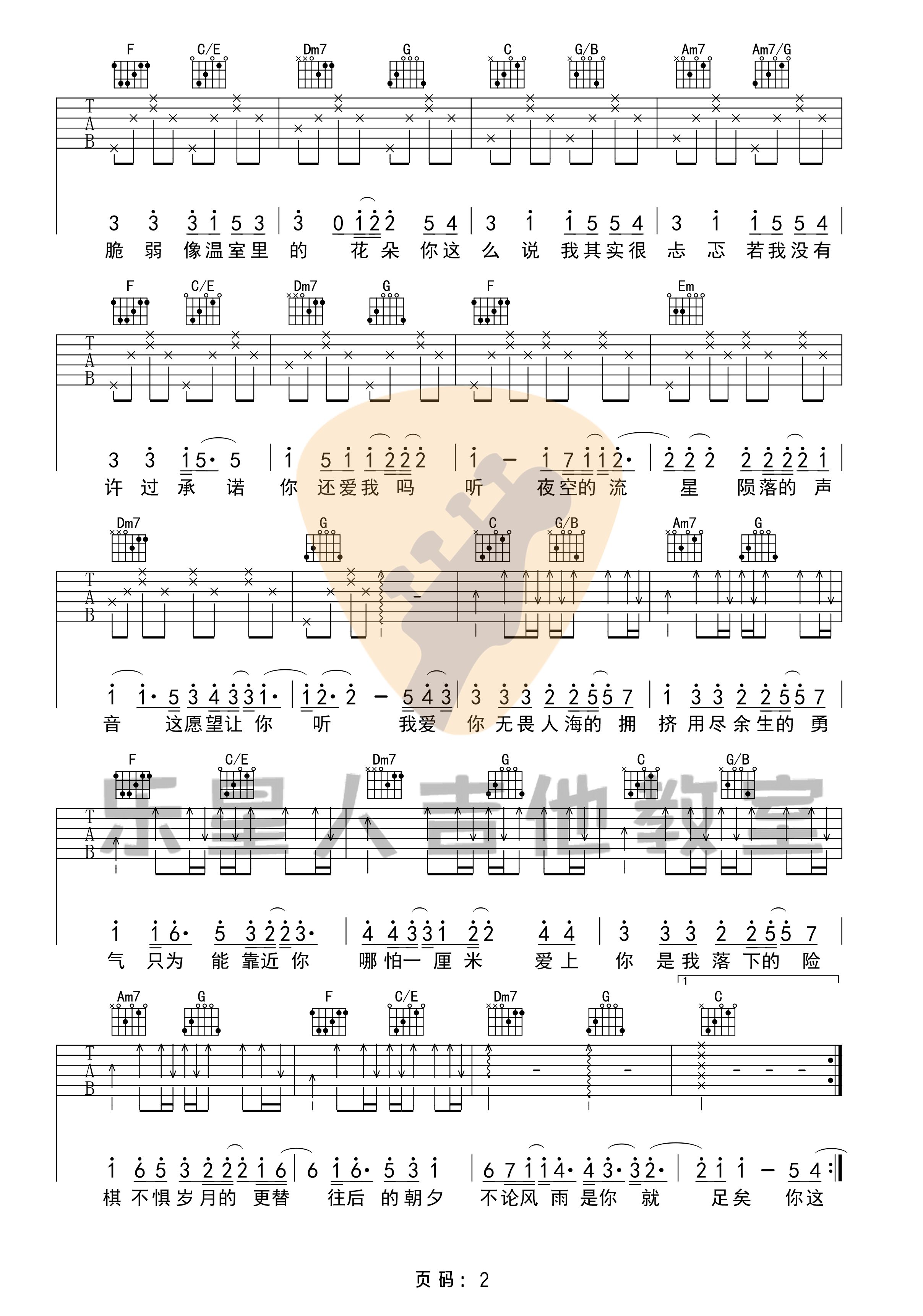 吉他源-棉子《勇气》吉他谱-完美C调版六线谱-乐星人吉他教室插图1