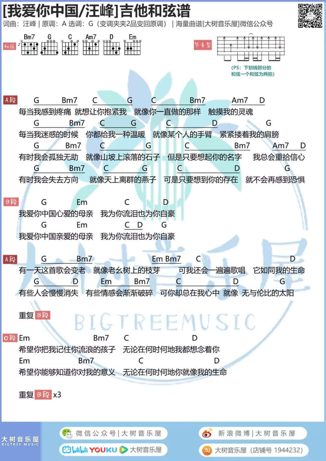吉他源-汪峰《我爱你中国》吉他谱-和弦伴奏谱-大树音乐屋插图
