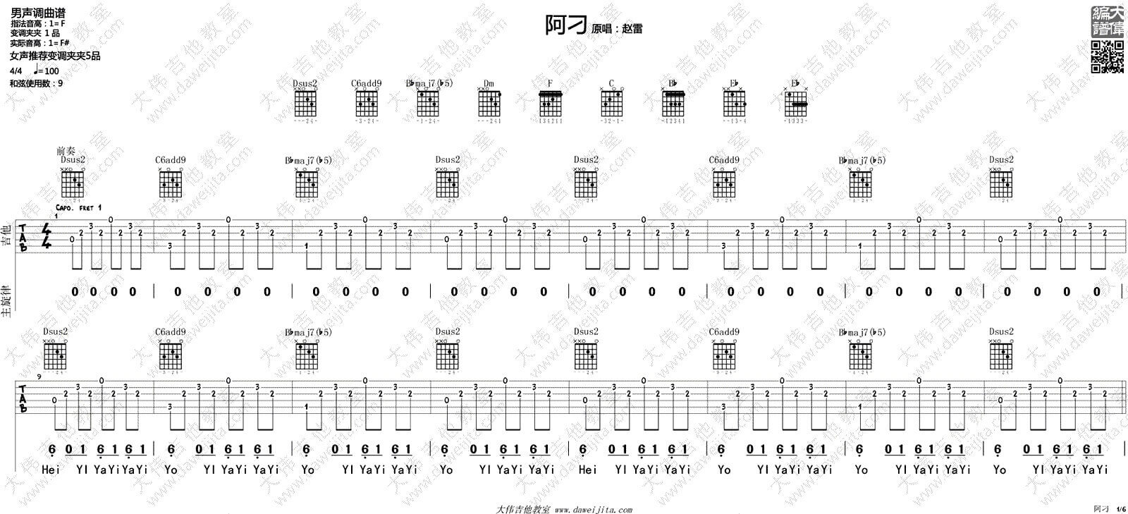 阿刁吉他谱 F调-大伟吉他教室版本-图片谱-赵雷插图
