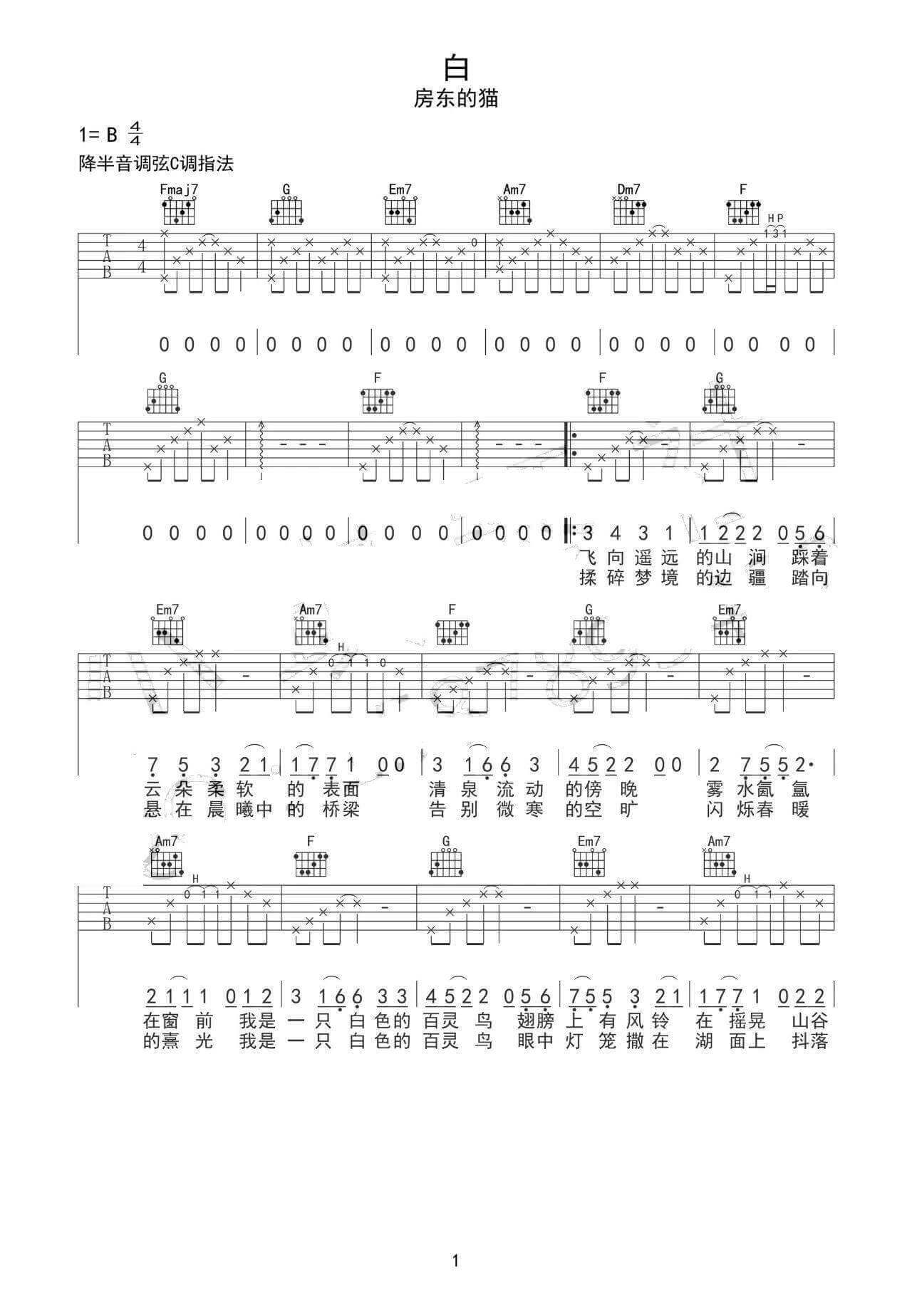 白吉他谱 C调-音艺吉他摇滚猫老师编配版本-房东的猫插图
