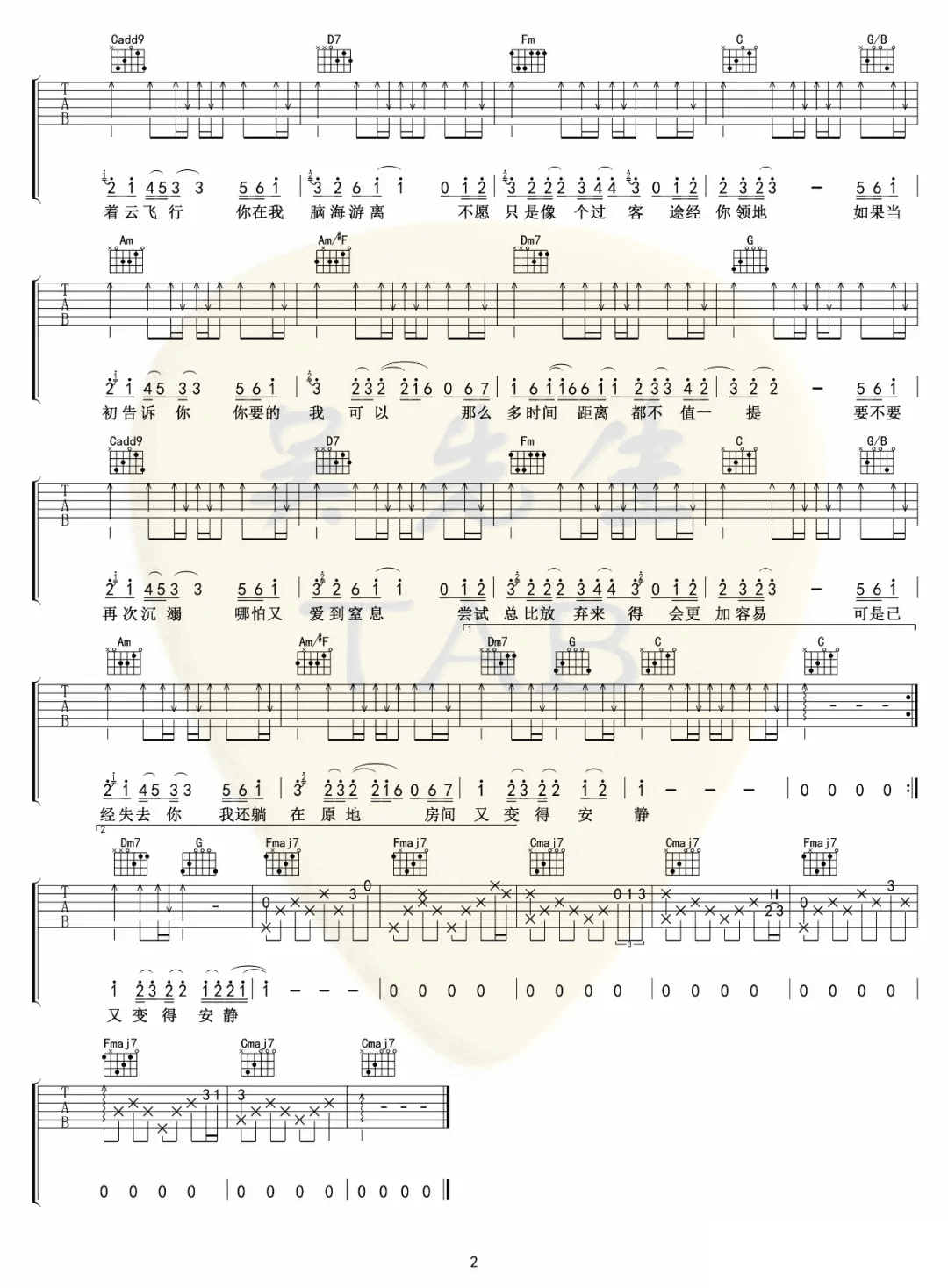 《伴云》吉他谱-Todd Li-C调原版弹唱六线谱-高清图片谱插图1