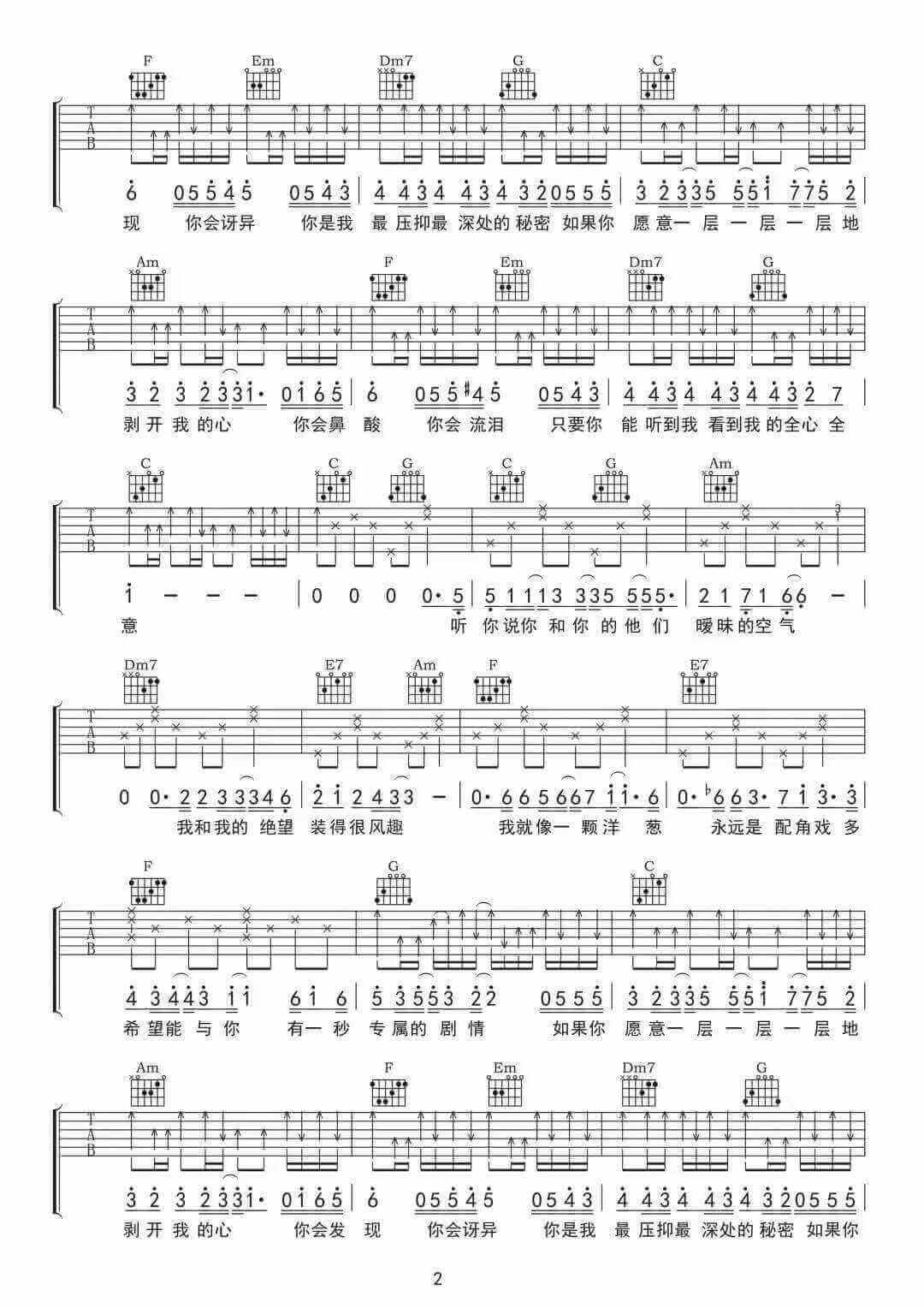 洋葱吉他谱-刘大壮-《洋葱》C调原版弹唱六线谱-高清图片谱插图2