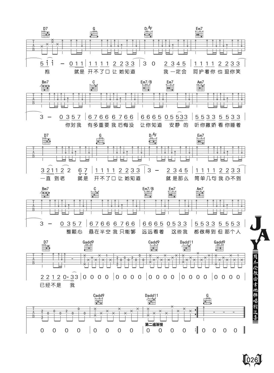 《开不了口》吉他谱-周杰伦-G调六线谱-吉他弹唱教学插图2