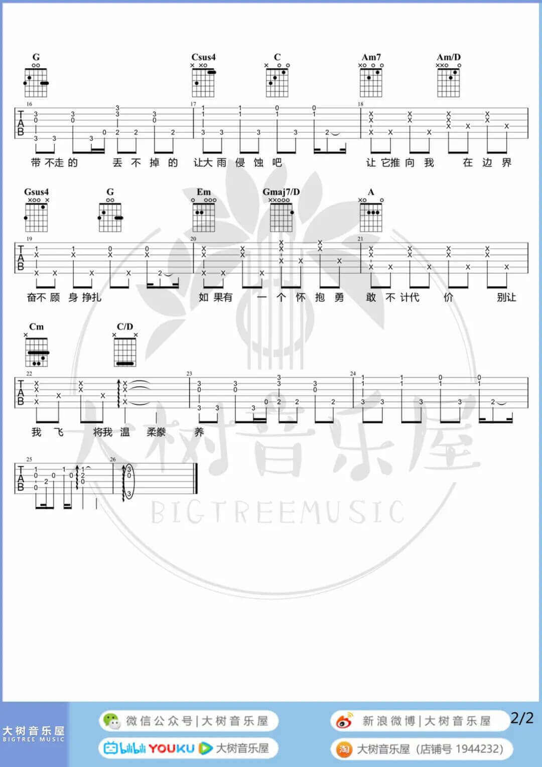 鱼吉他谱-陈绮贞-《鱼》G调原版六线谱-吉他弹唱教学插图2