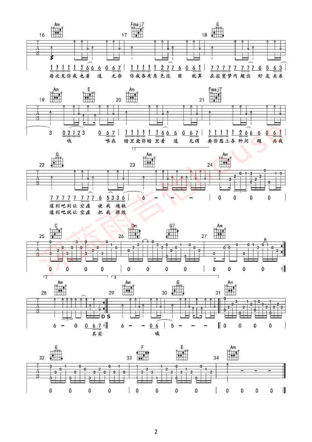 《暗里着迷》吉他谱-刘德华-C调原版六线谱-吉他弹唱教学插图1