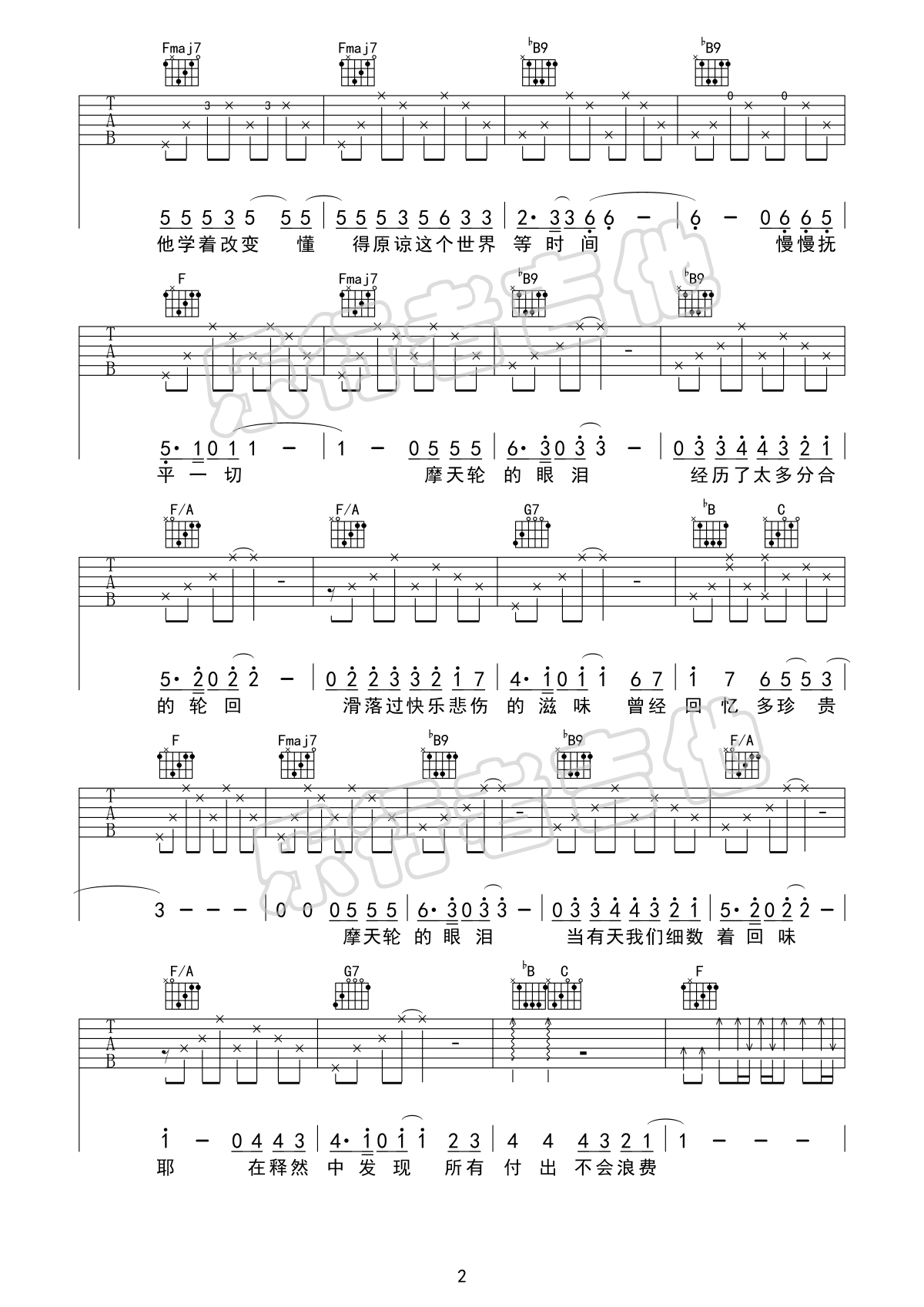 《摩天轮的眼泪》吉他谱-金志文-F调原版弹唱谱-高清六线谱插图2